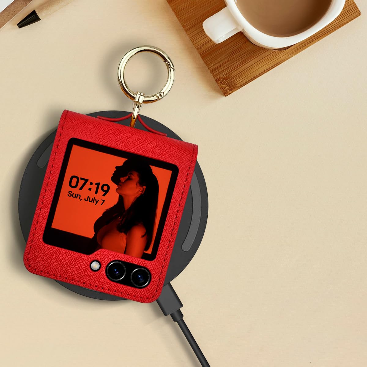 Qoosan Galaxy Z Flip 5 Case With Ring Strap Card Holder [Compatible With Magsafe] Protective Leather Wallet Cover Phone Case For