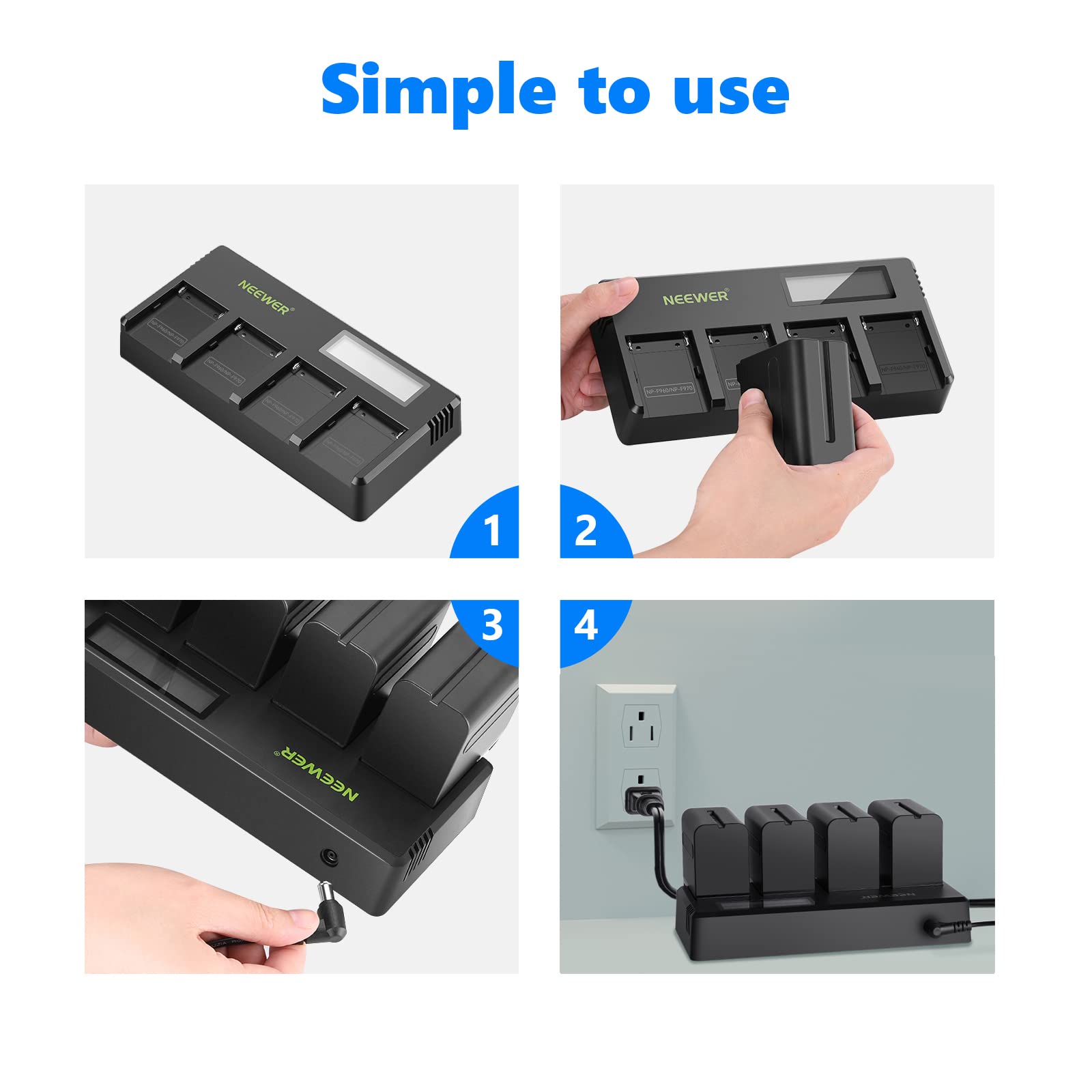 Neewer 4 Channel Np F Battery Charger With Lcd Screen & Power Adapter, Compatible With Sony Np F550 F570 F750 F770 F930 F950 F96