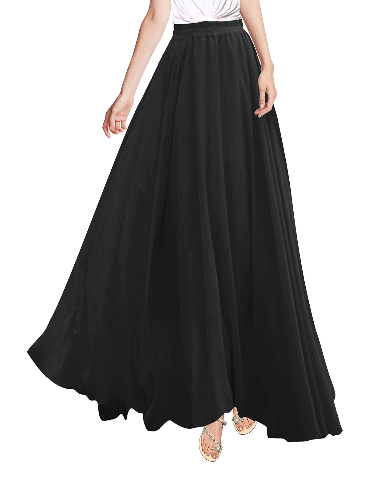 V28 Womens Maxi Midi White Flowy Long Black Summer Plus Size Sheer Chiffon Skirt (Xs,Black)