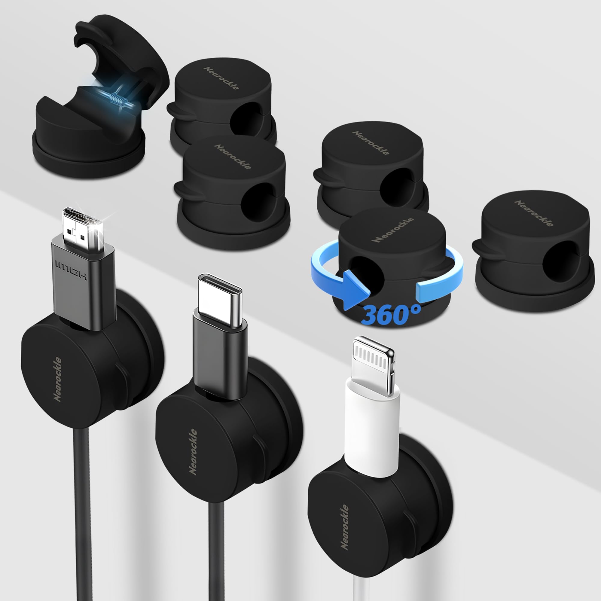 9 Pack Spring Cord Organizer Cable Clips [Locking Cable Rotatable], 2025 Latest Nearockle Phone Charging Cord Holder Cable Manag