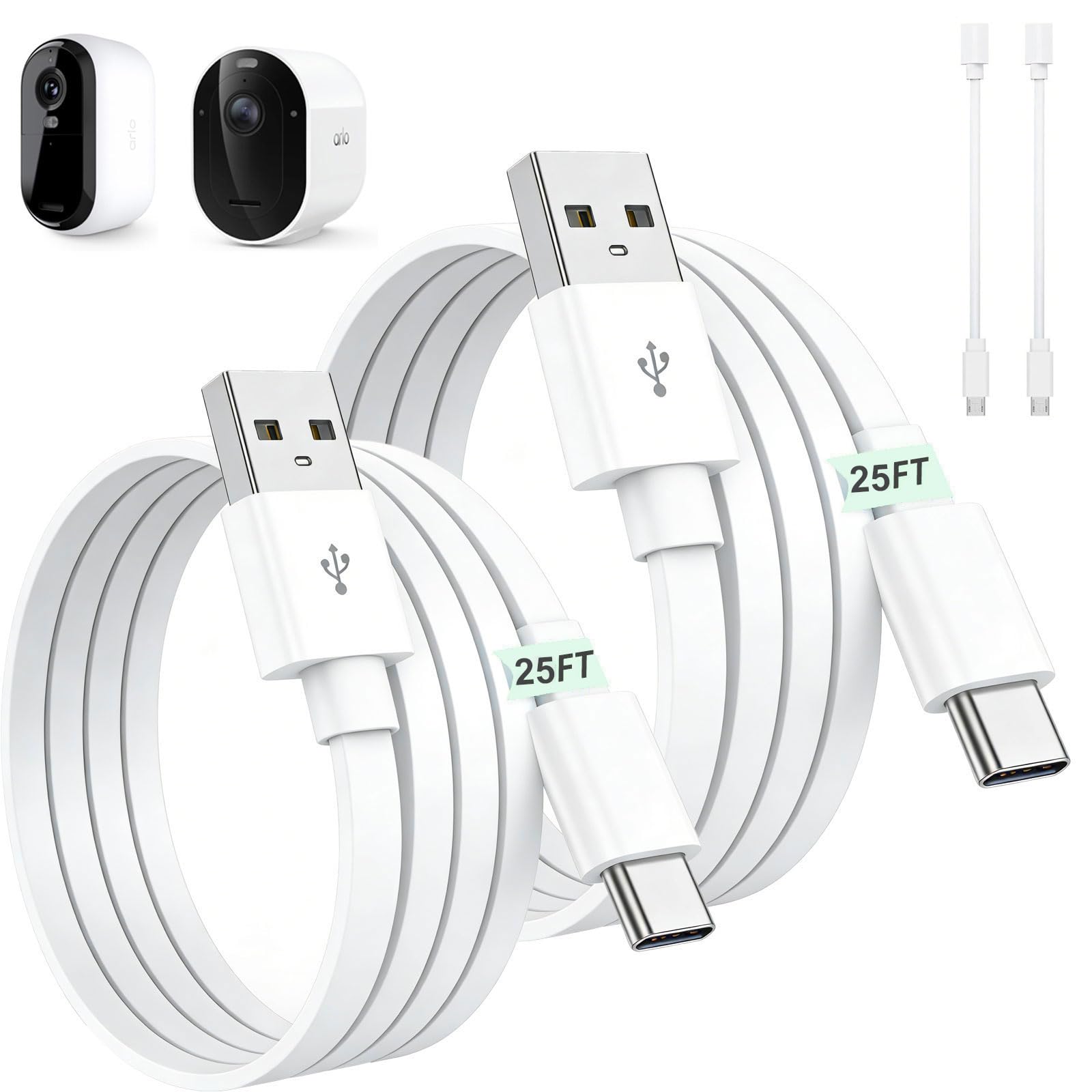 25FT Charging Cable Compatible with Arlo Essential 2K, Alro Essential 2nd Gen/(3rd Gen) , Arlo Pro 6,Arlo Pro/Pro2,Flat Charging