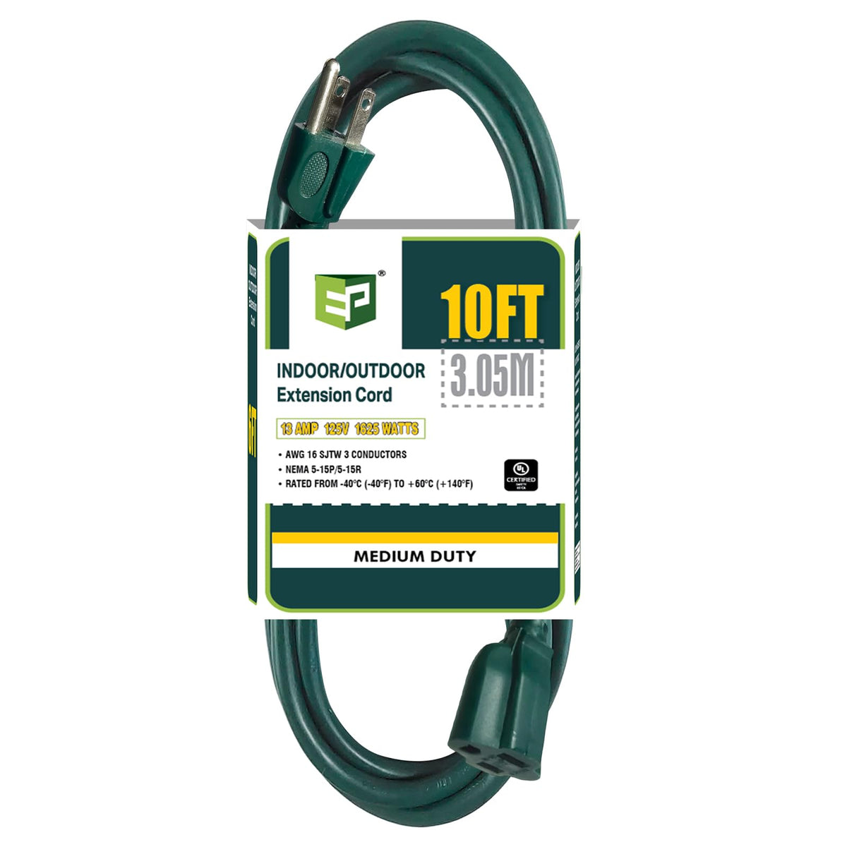 Ep 10 Ft Outdoor Extension Cord   16/3 Sjtw Durable Green Electrical Cable With 3 Prong Grounded Plug