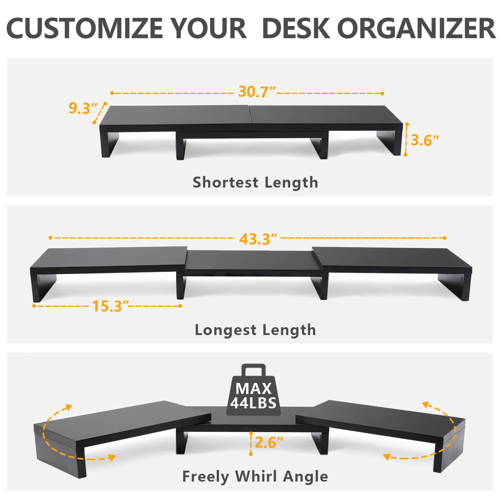 Tavr Dual Monitor Stand Riser Office Desktop Organizer Stand For 2 Monitors, Adjustable Length And Angle 3 Shelf, Extra Long Mul