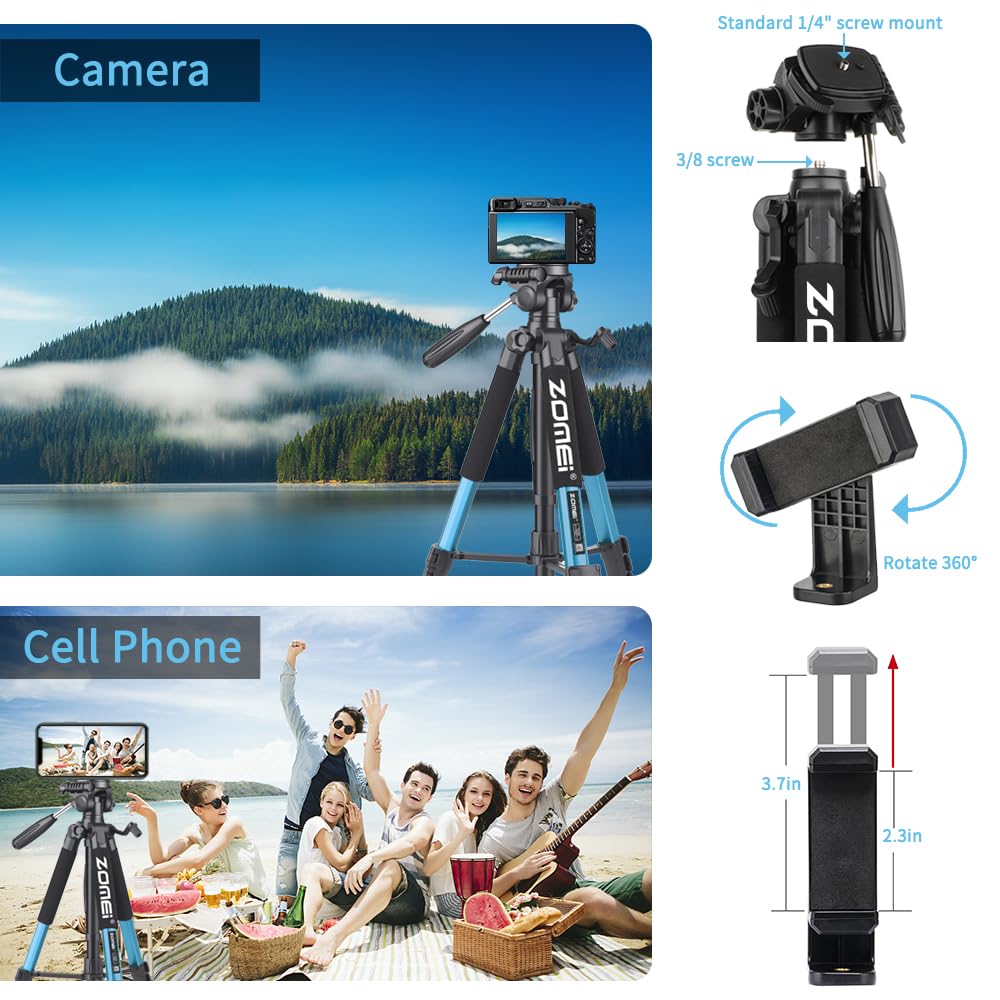 74 Inch Heavy Duty Tripod Stand For Cameras, Cell Phones, Projectors, Webcams, Spotting Scopes   Complete Unit For Canon, Nikon, Sony   Perfect For Phone & Camera Photography(Blue)