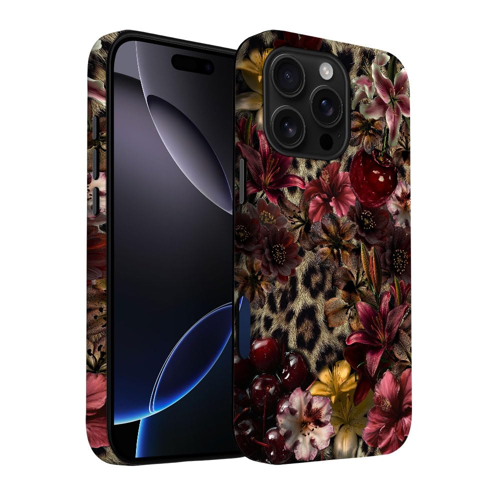 Yuzbira for iPhone 16 Pro Max Case | Lily Leopard Print Cherry | Slim Drop Protection Design