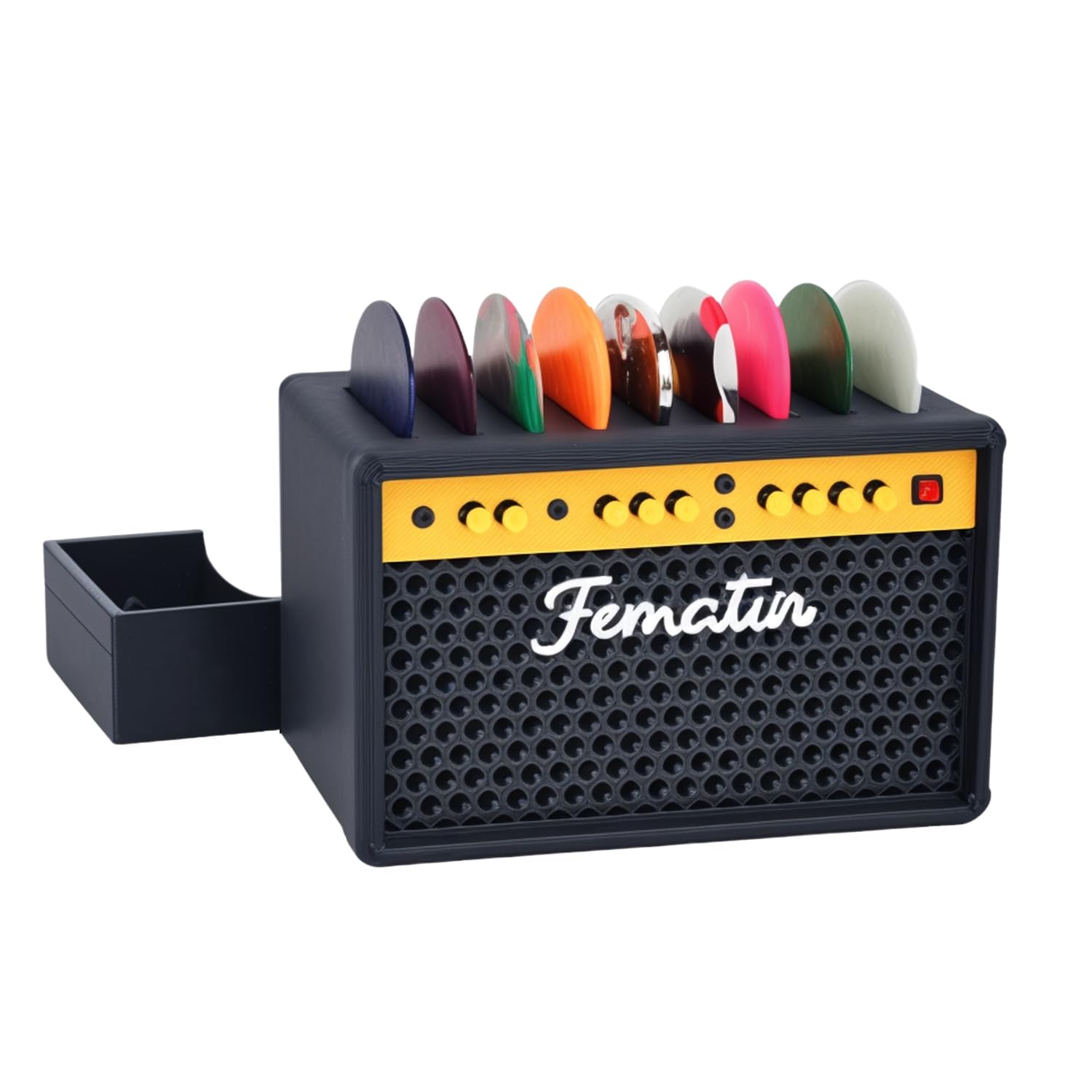 Fematin Guitar Pick Holder Box, Guitar Picks Display Case with 9 Celluloid Guitar Picks and 1 Metal Pick, Amp Speaker Styled Sto
