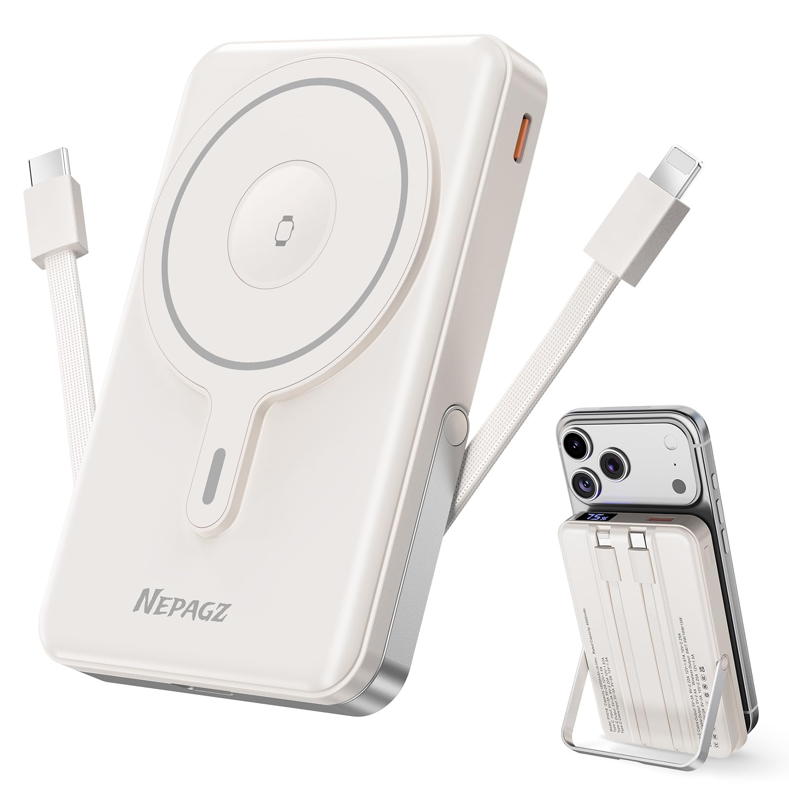 Nepagz for Magsafe Portable Charger, 10000mAh Power Bank, Creamy White
