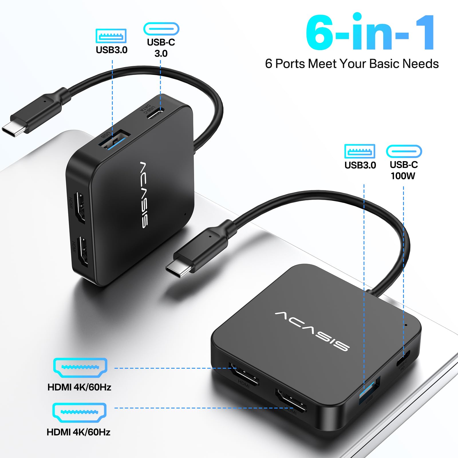 Usb C Docking Station Dual Hdmi Monitor 4K60Hz, Acasis Dual Hdmi Docking Station With 100W Pd Charging, 5Gbps Usb C And Usb A Data Ports, Usb C Hdmi Hub For Dell Xps/Hp/Lenovo/Surface/Yoga