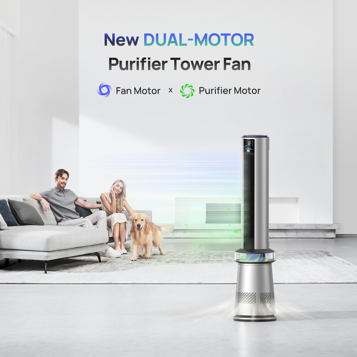 Dreo Mc710S Air Purifier Tower Fan, 45' 2 In 1 Smart Fan For Bedroom, 27Ft/S Velocity, 120�Oscillation, 24H Timer Bladeless Fans For Home, 25Db Low Noise, Standing Fan Works With Alexa, Silver Blue
