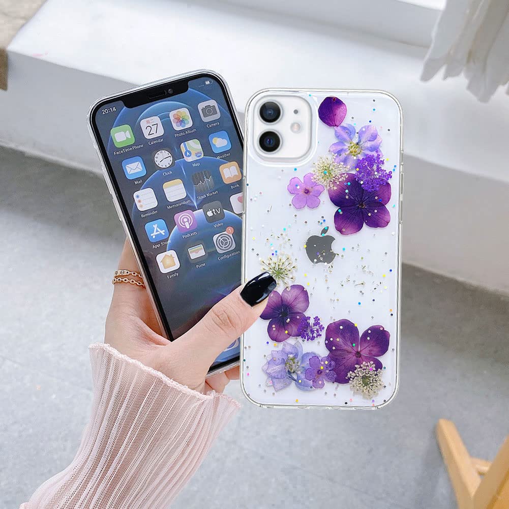 Abbery For Iphone 11 Case Flower Clear With Pressed Dried Real Flower Design Bling Glitter Sparkle Soft Tpu Rubber Purple Aesthe