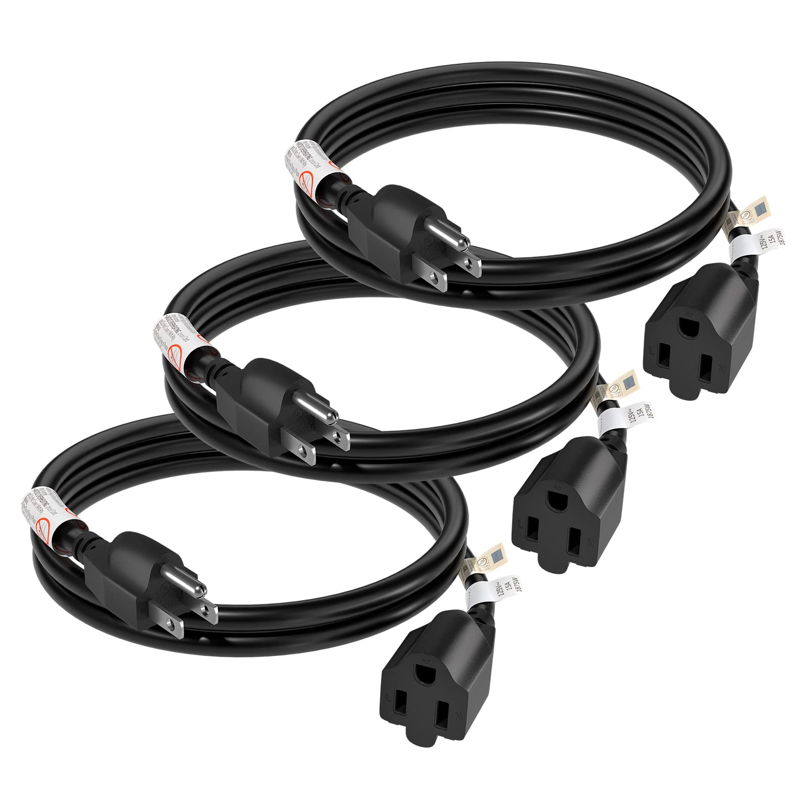 Firmerst 3 Ft Extension Cord 14 Awg 1875W 15A 3 Prong Black Ul Listed, 3 Pack