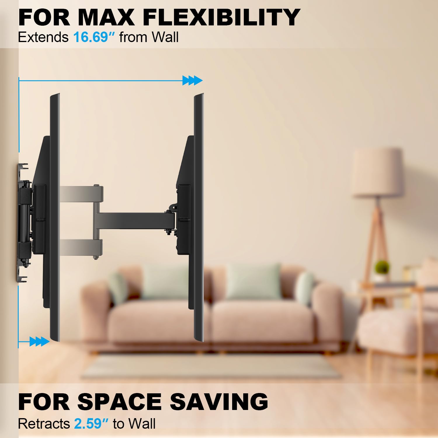 USX STAR Full Motion TV Wall Mount for 37-85 Inch TVs, Swivel & Tilt, Max VESA 600x400mm, Black, Supports Up to 132lbs
