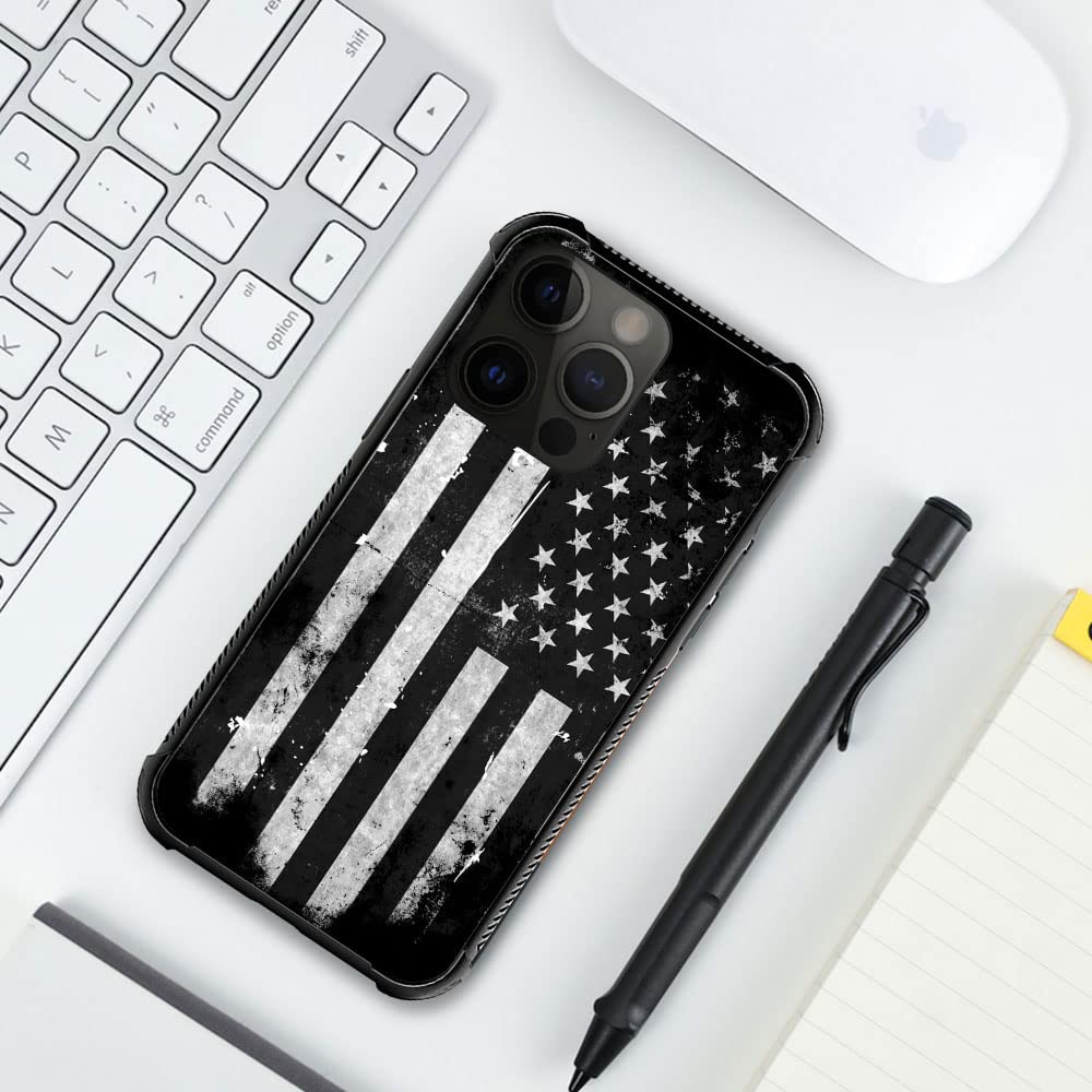 ZHEGAILIAN iPhone 14 Pro Max Case Tempered Glass TPU Shock Protective Black White Grunge American Flag 6.7-inch