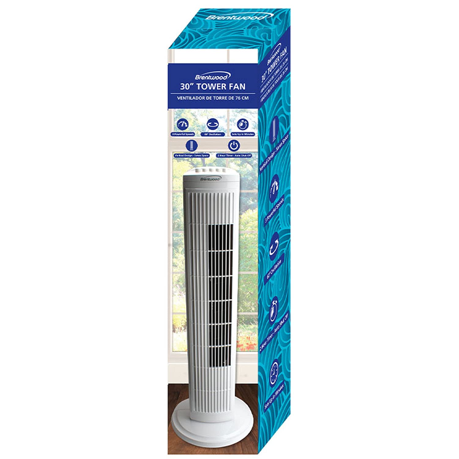 Brentwood Kool Zone Oscillating Tower Fan, 3 Speed 30 Inch, White