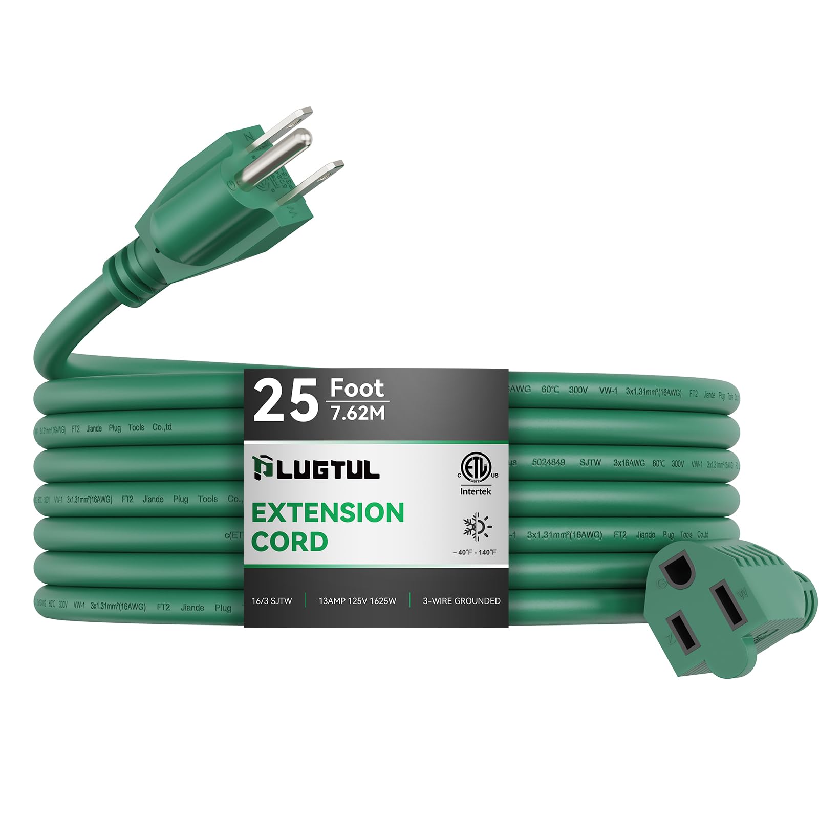 Plugtul 25 Ft Outdoor Extension Cord Waterproof, 16/3 Green Heavy Duty 3 Prong Extension Cord, 13A 1625W Sjtw, Etl Listed, Great
