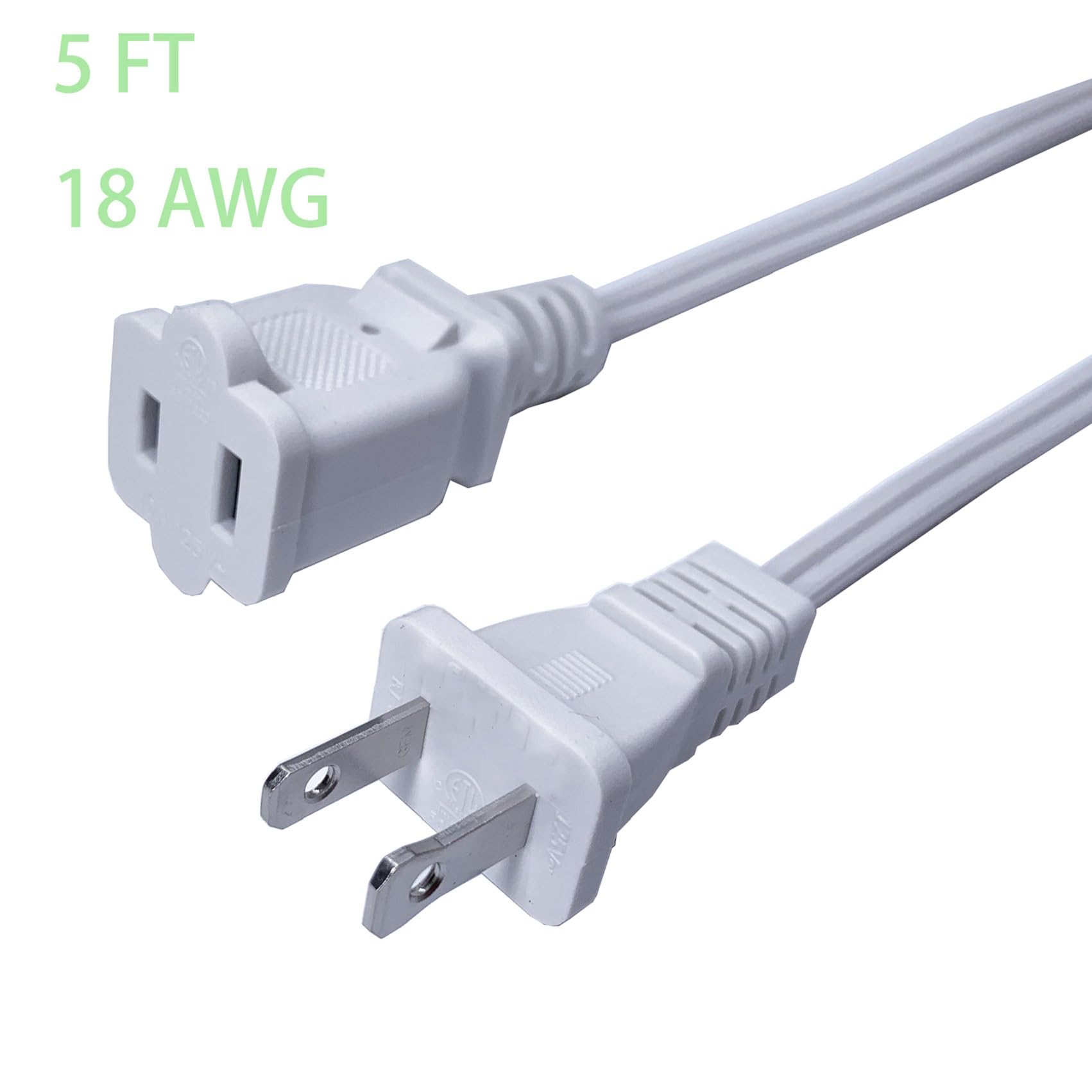 5 Ft Extension Cord, Ac 2 Prong 18 Awg Power Cord Cable 10 A 125 V, White Polarized Male To Female Extension Cord For Nema 1 15P