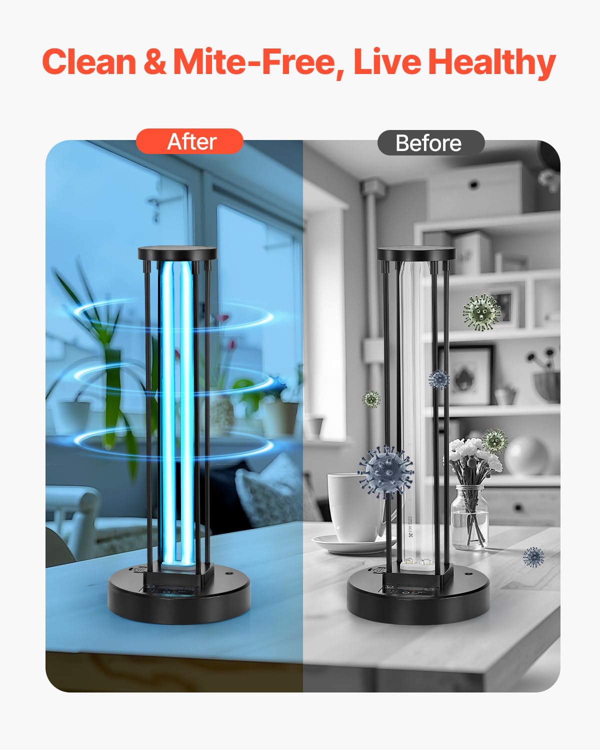 Vevor Uv Light, 36W Ultraviolet Lamp With Ozone Purifier, Uvc Lamp With 30/60/120 Minutes 3-Gear Timer And Remote Control, For R