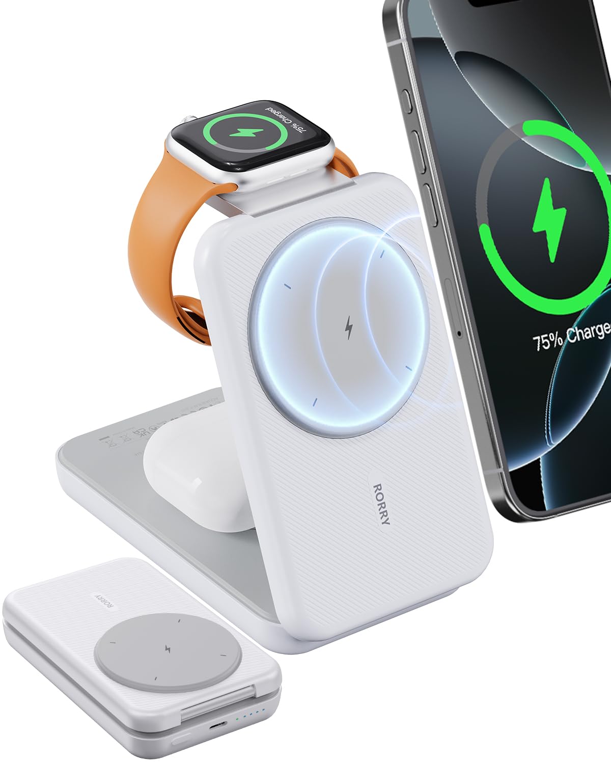 RORRY Portable Charger, 3-in-1 Charging Station 10000mAh Portable Charger Power Bank for MagSafe Foldable Battery Pack Travel fo