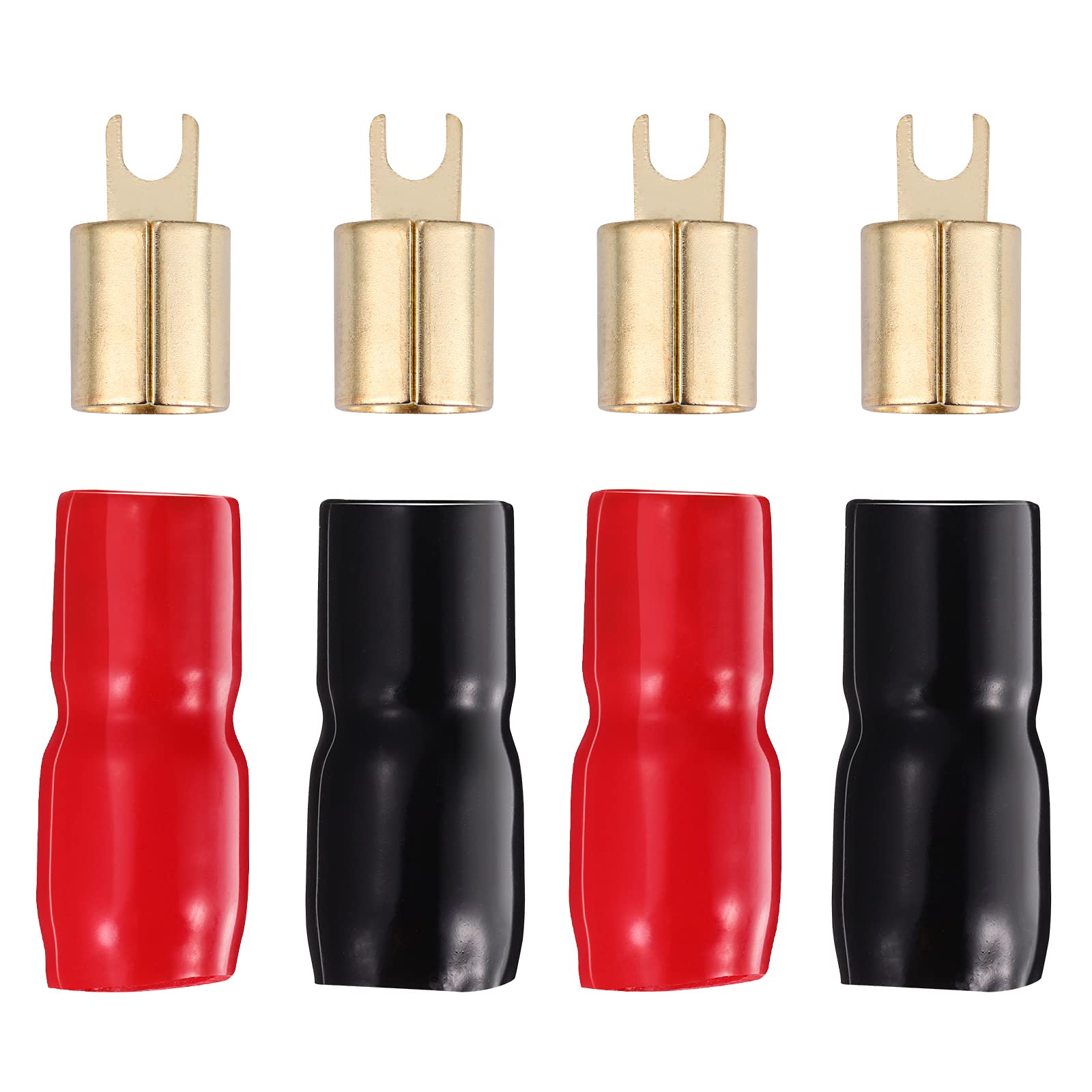 2 Pairs Copper Gold Plated 0 Gauge Spade Terminal Crimp Connectors Adapters Crimp Barrier Spades For Speaker Wire Cable Terminal Plug   0Ga (Red And Black)