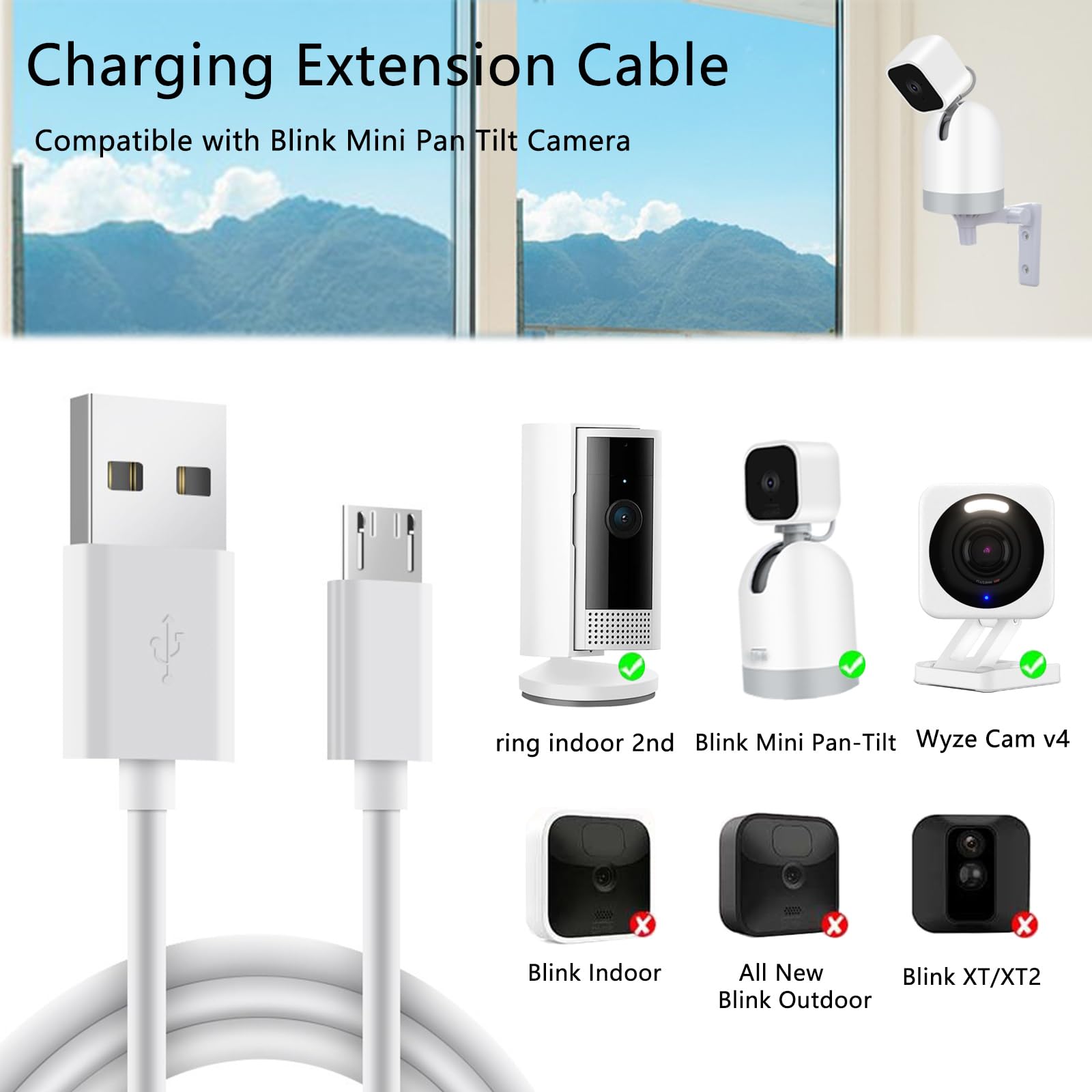 Tekcam Charger Extension Cable Compatible With Blink Mini Pan Tilt, Wyze Cam V4, Ring Indoor Cam (2Nd Gen), Micro Usb Extension
