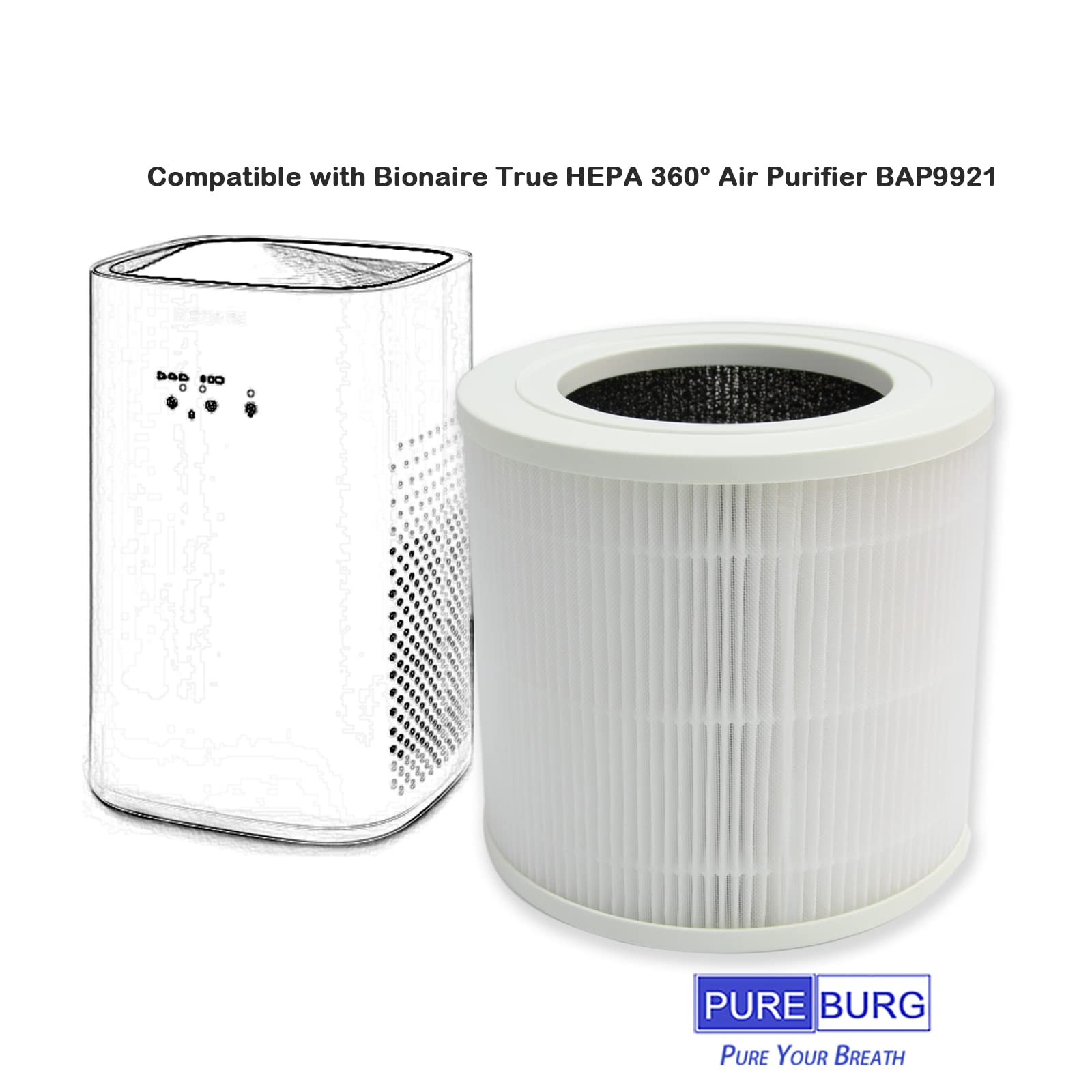 Pureburg Replacement Filter Compatible With Bionaire Bap9921 True Hepa 360 Air Purifier, 2 Pack H13 Hepa 4 Stage Filtration Acti