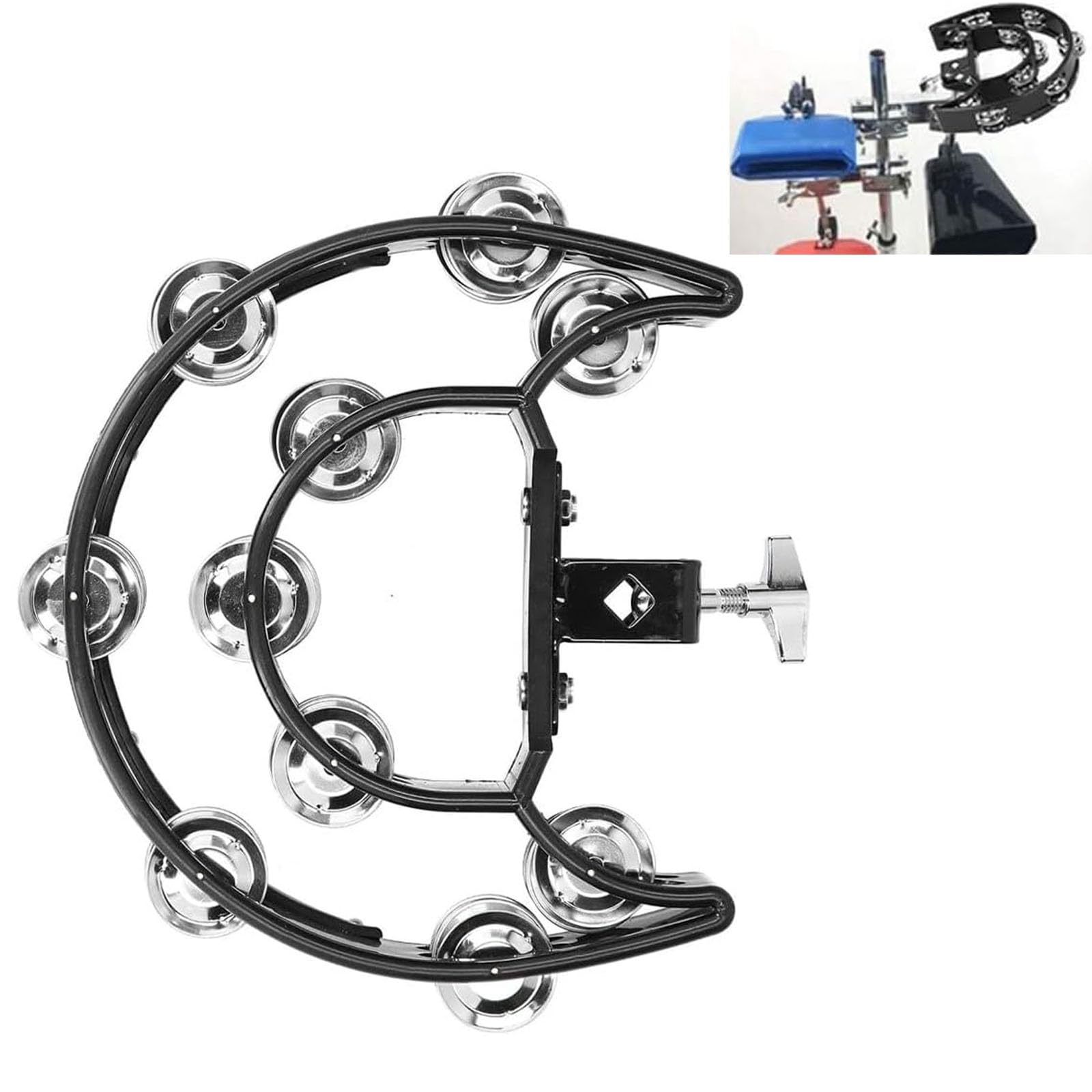 TUOREN Hi Hat Tambourine Half Moon Drum Set Mounted Tambourine Double Row Bells with Mounting Eye Bolt Tambourine for Drum Kit P