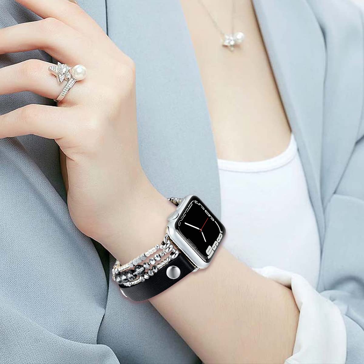 Fastgo Bracelet Band Leather Compatible With Apple Watch 38Mm 40Mm 41Mm Women, Dressy Fancy Elastic Beaded Jewelry Strap For Iwa