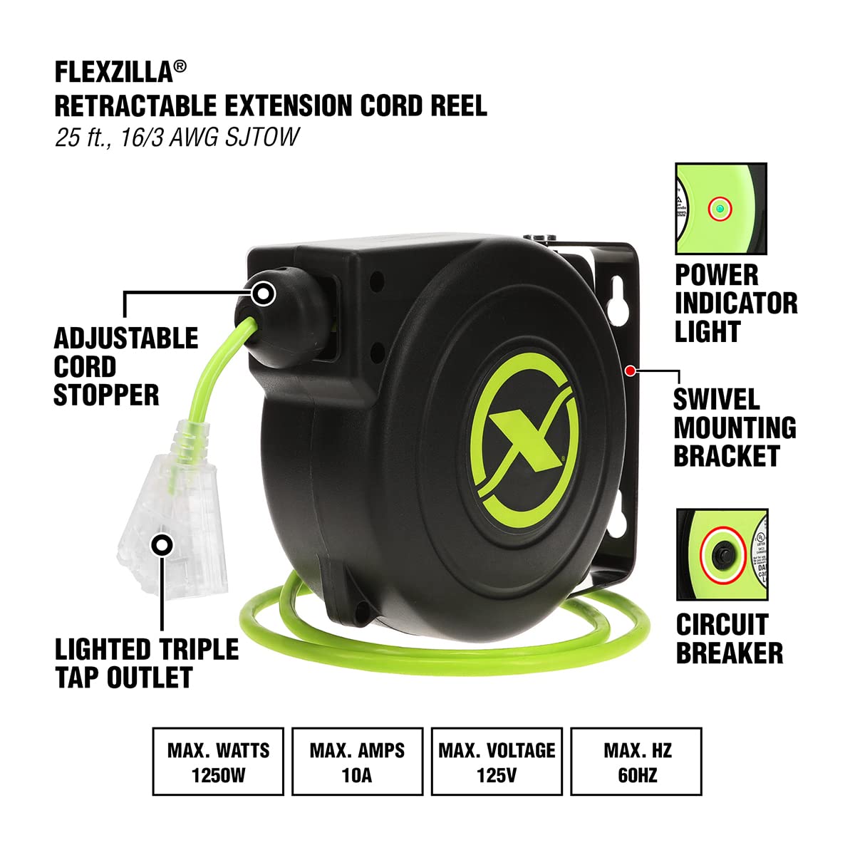 Flexzilla Retractable Extension 16/3 Awg 25' Electric Cord Reel, Zillagreen, Fz8160253