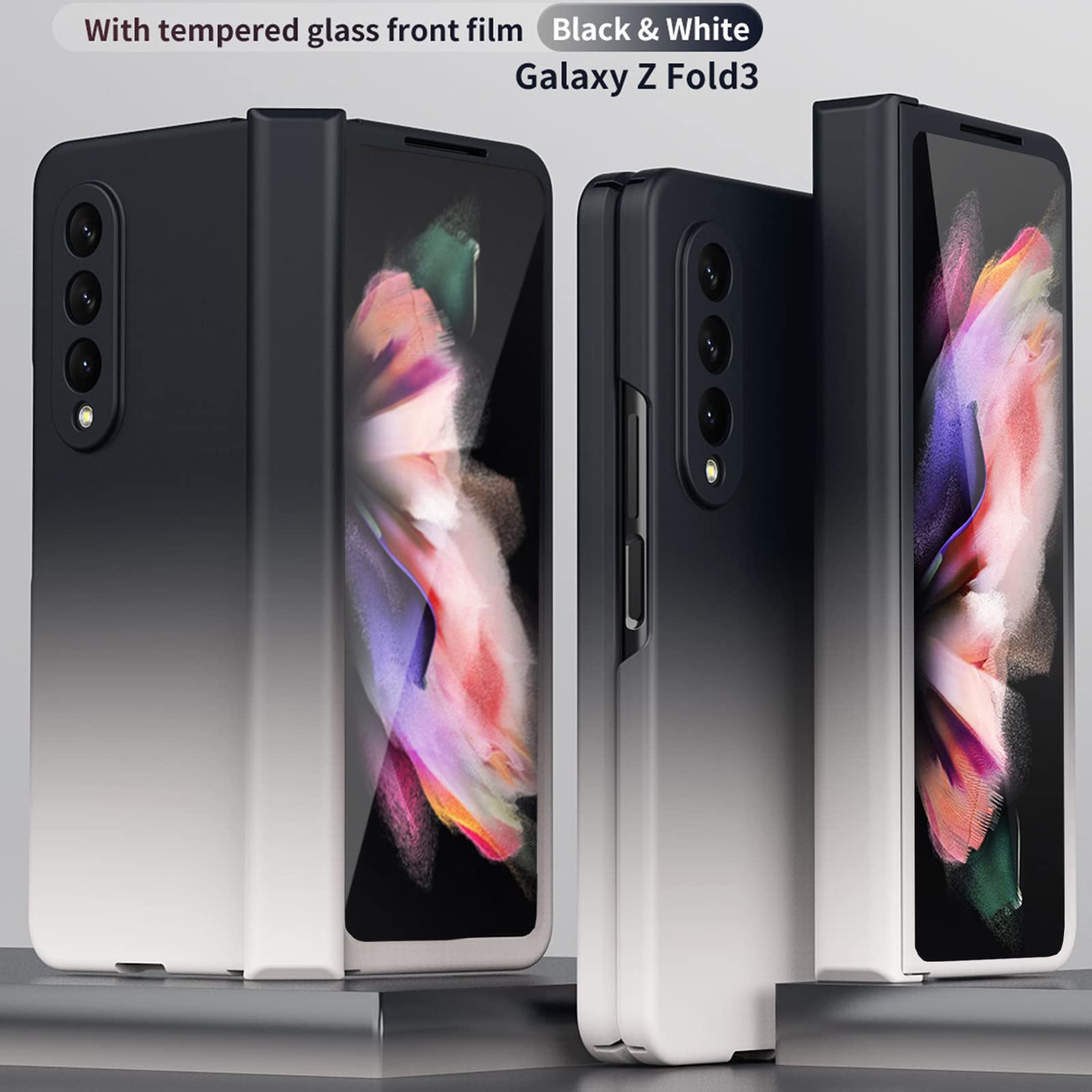 Ninki Compatible Samsung Galaxy Z Fold 3 Case With Screen Protector Hinge Protection,Black And White Gradient Full Body Protecti