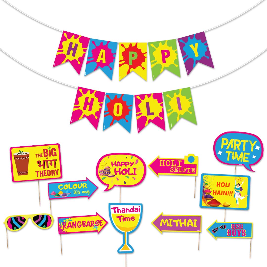 Festiko Happy Holi Banner & Photobooth Props Combo Decoration (Pack of 12 Pcs), Holi Decoration Items for Holi Party, Holi Decor