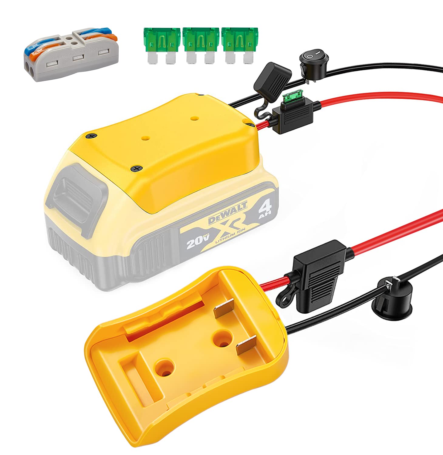 Power Wheel Adapter For Dewalt 20V Battery Series With Fuse, Switch & Wire Terminal, 3Pcs 30A Fuse, 12 Awg Wire Battery Converte