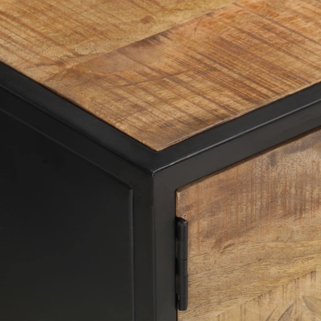 Vidaxl Tv Stand/Cabinet - Rough Mango Wood, Carved Doors, With Compartments, Handmade, Industrial Style, For Organized Multimedi