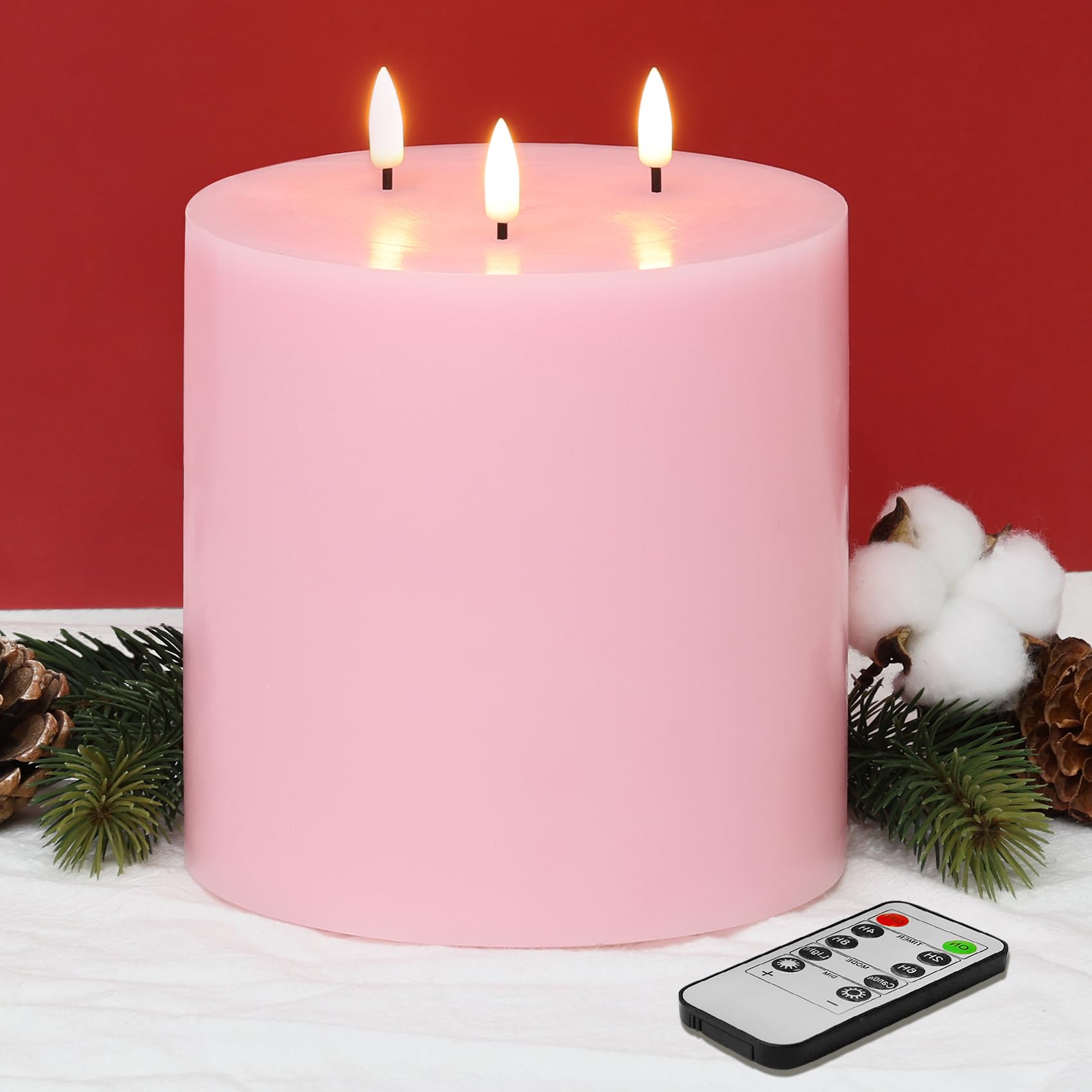 Eywamage 3 Wick Pink Flameless Pillar Candle With Remote, Large Flickering Led Wax Battery Candle F 6'' H 6''