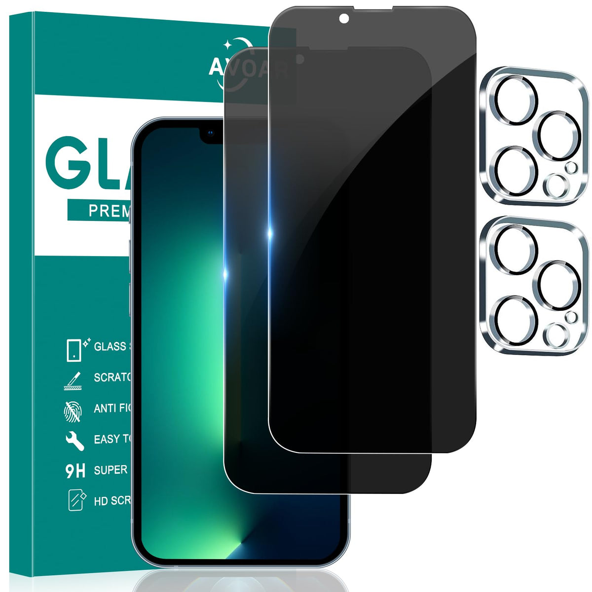 Avoar [2+2 Pack Privacy Screen Protector For Iphone 13 Pro Max With Camera Lens Protector, 6.7 Inch Tempered Full Screen Glass A