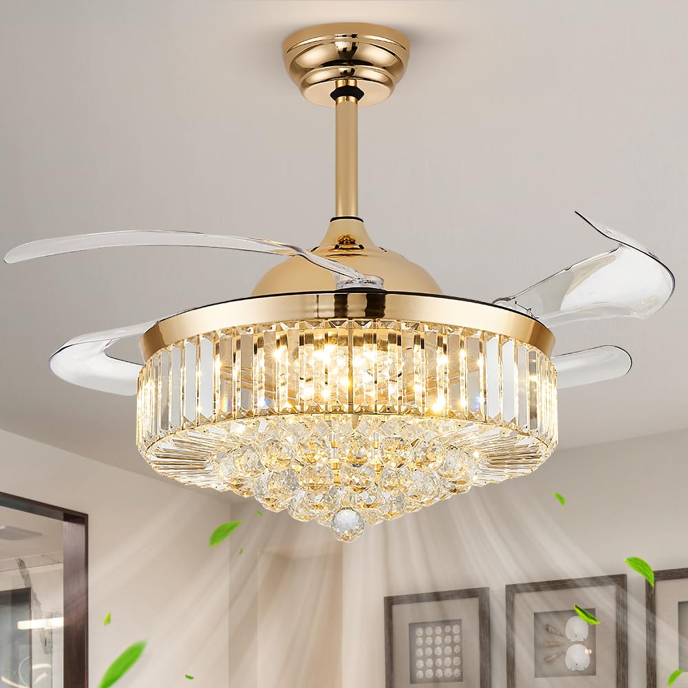 42'' Fandelier Ceiling Fan With Light, Retractable Chandelier Fan Led Dimmable Crystal Ceiling Fan For Bedroom Living Room Dinin