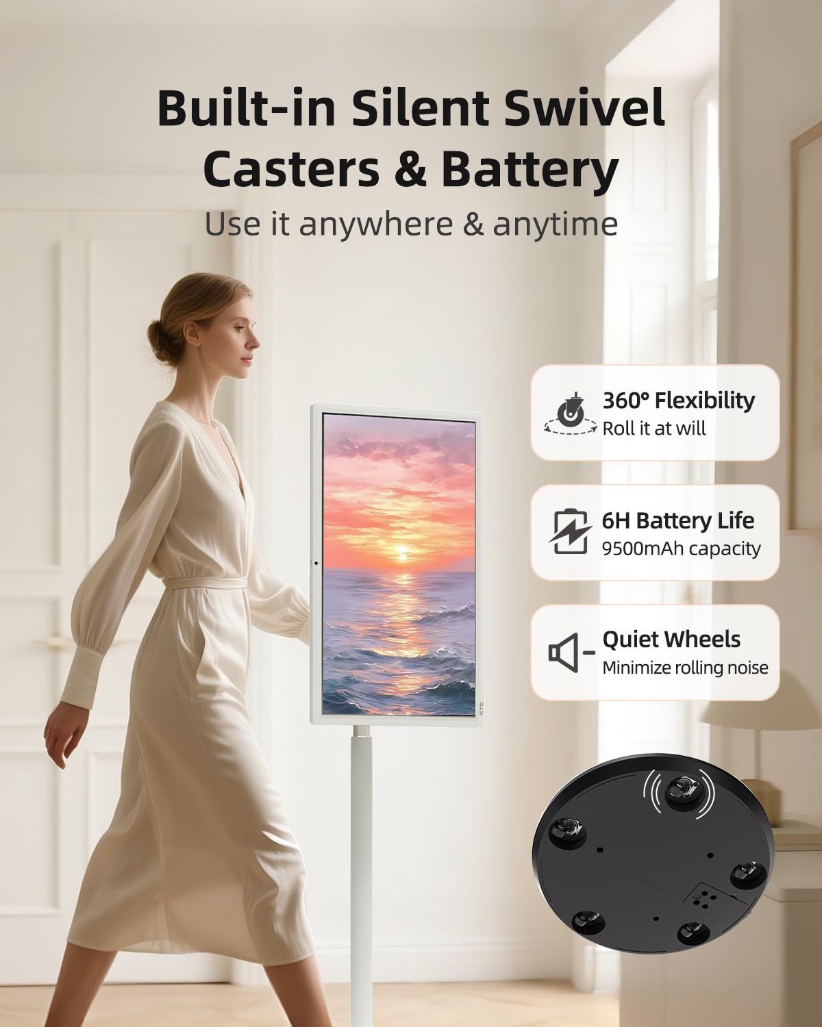 Ktc Megpad 27 Inch Portable Screen Tv - 1080P Touch Screen Monitor On Wheels With 8Mp Camera, Compatible With Google Tv, Android