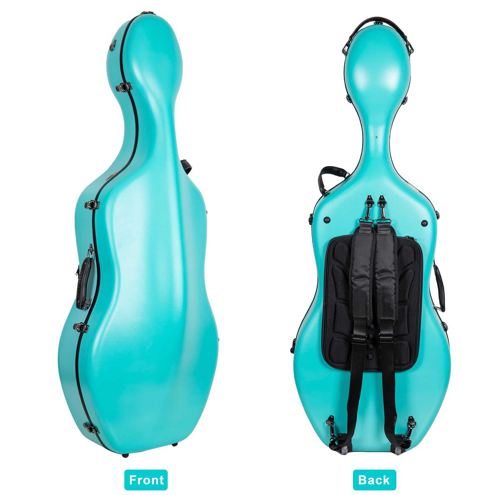 Crossrock Poly Carbon Cello Case For 4/4 Full Size | Mint Blue Matte Finish, Black Velvet Interior, Wheels, Music Pouch - Lightw