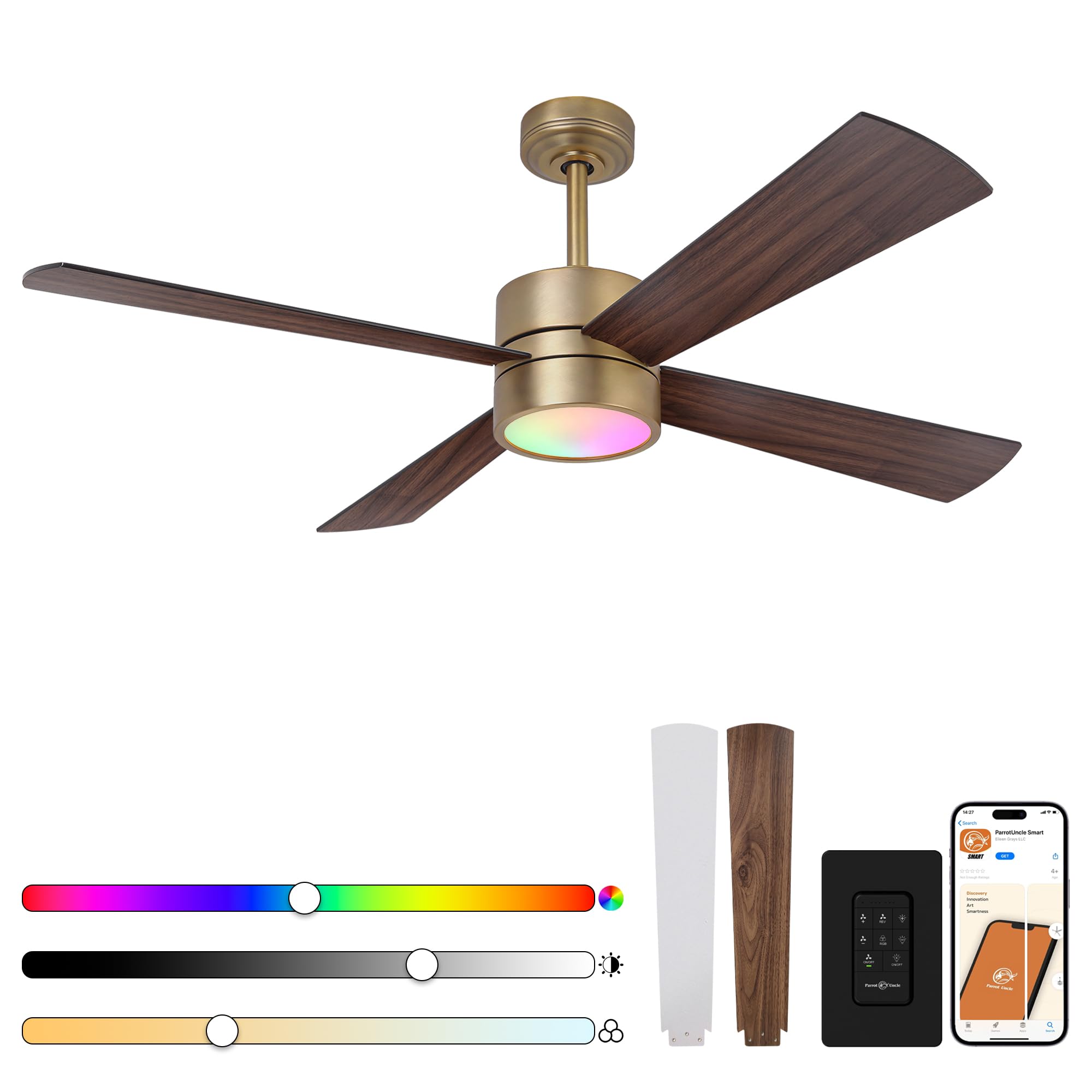 Gold Ceiling Fans with Lights, 52 Inch Chandelier Ceiling Fan with RGB LED for Bedroom, Remote/ APP Control, Brass Outdoor Ceili