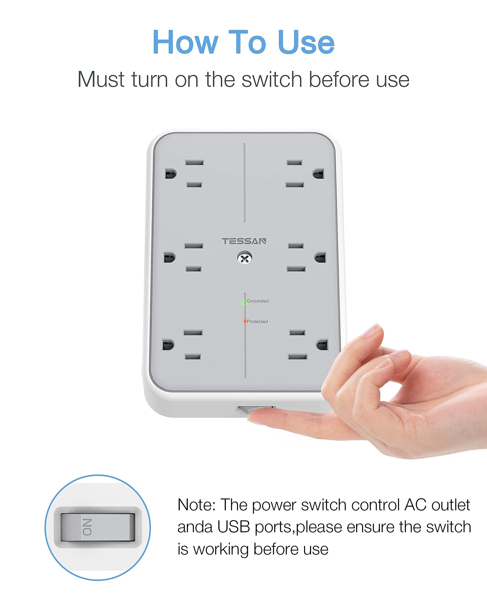 Usb Wall Charger, Multi Outlet Extender Surge Protector, Tessan 6 Electrical Outlets Expander With 3 Usb Charging Ports, 1080 Jo