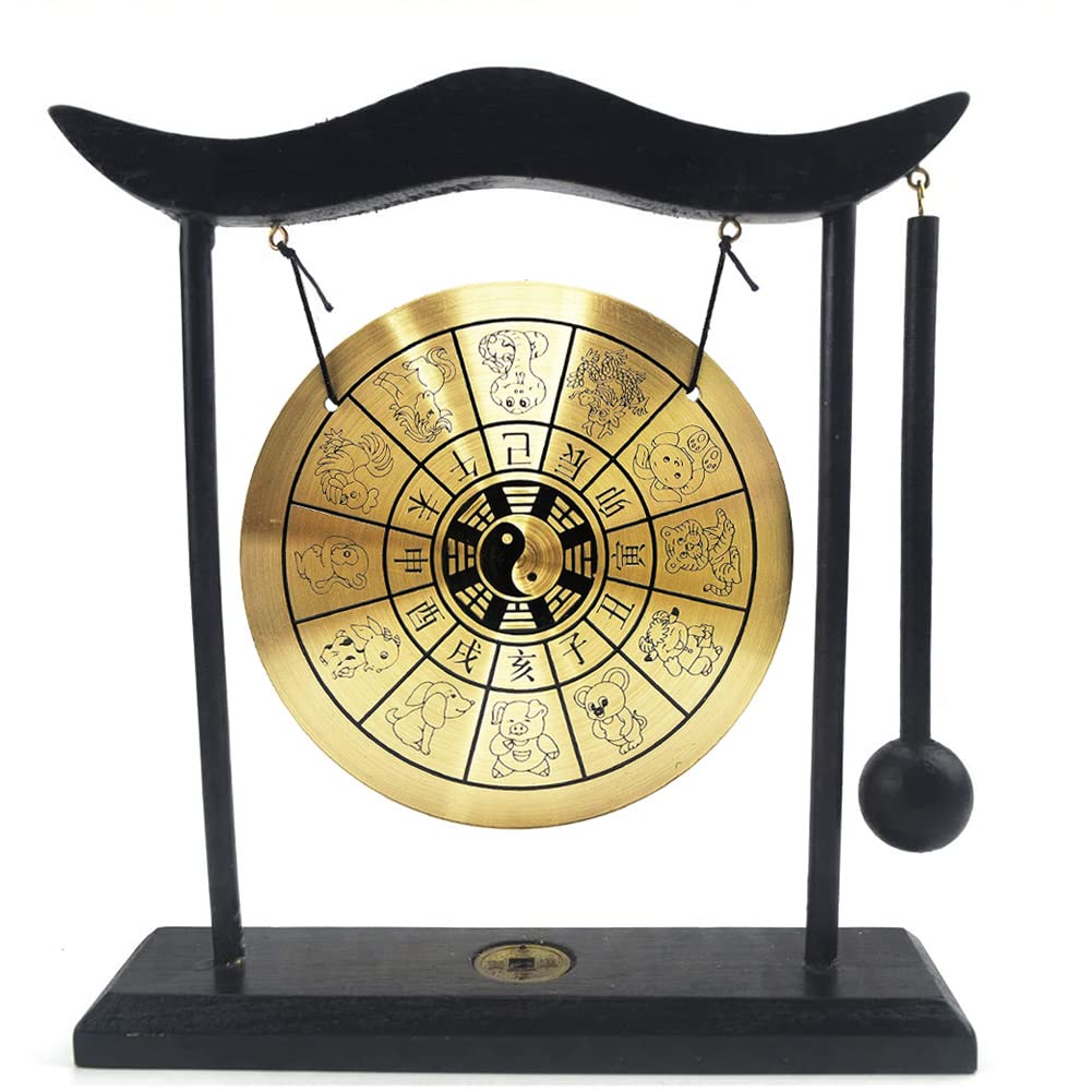 Hooshing Zen Art Brass Feng Shui Desktop Gong With Stand Asian Decor For Home Office Chinese Zodiac Signs