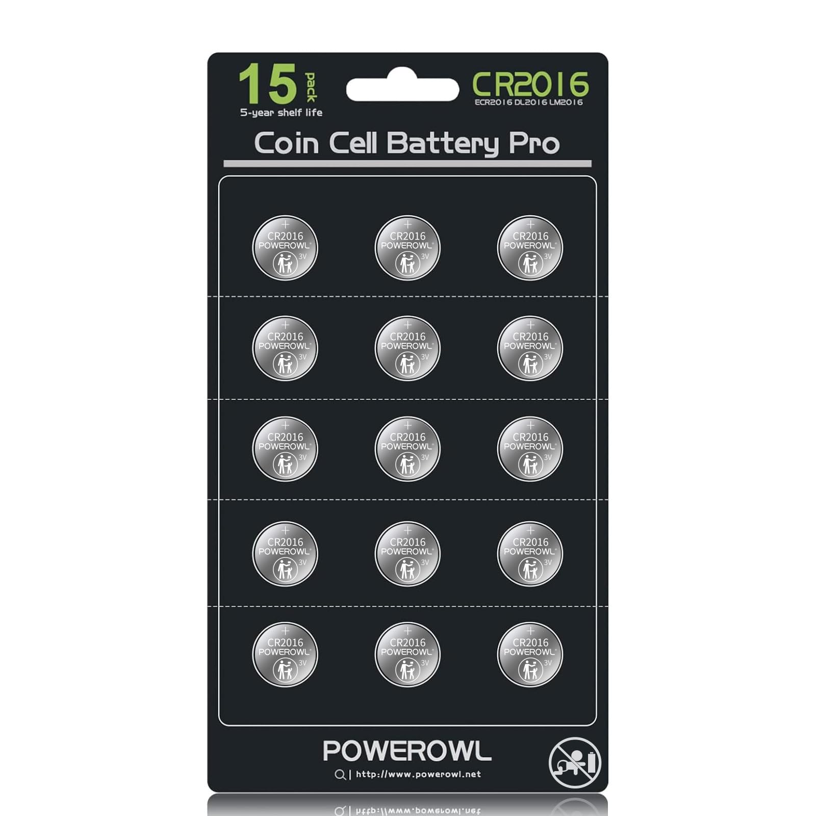 Powerowl High Capacity Cr2016 Battery (15 Pack) Cr 2016 3V Lithium Batteries, 10 Years Leak Free