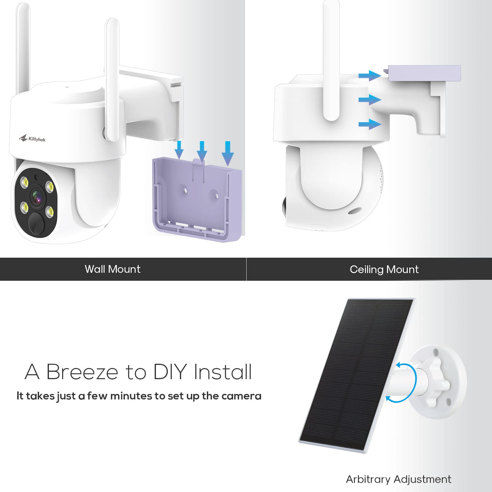 Kittyhok 360° Pan & Tilt Solar Security Camera, 2K Clarity, Color Night Vision, WiFi6, 64GB microSD, White PT Kit