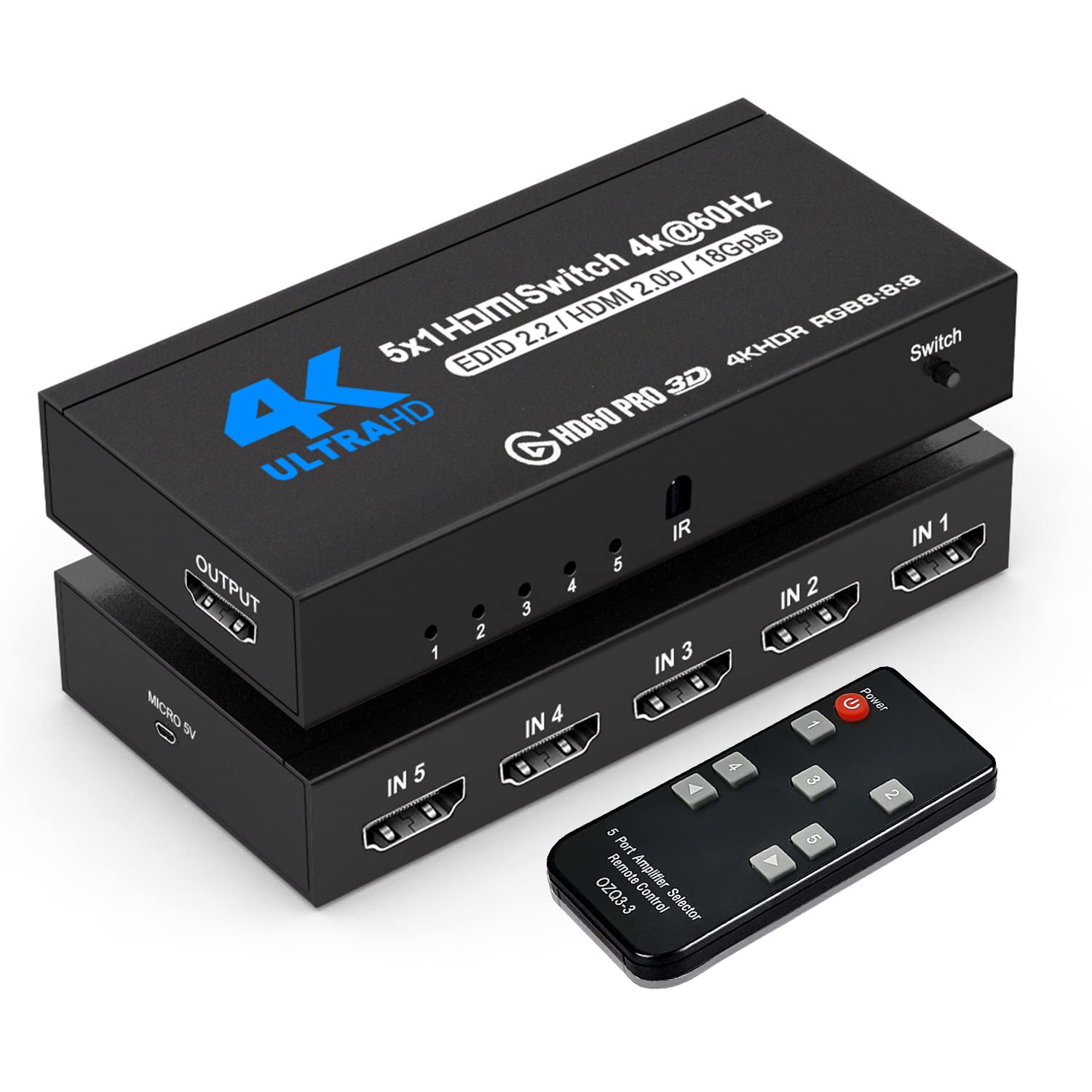 Hdmi Switch With Remote 5 Port 4K 60Hz, Nerdethos 5 In 1 Out Hdmi Switcher Hub Selector Box Supports Ultra Hd Dolby Vision, High