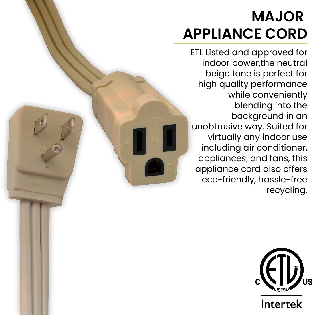 Go Green Power Inc. 12Ft Appliance Cord, Beige   14/3 Spt, Heavy Duty, Grounded Plug, Kink Free, Ideal For Large Indoor Appliances