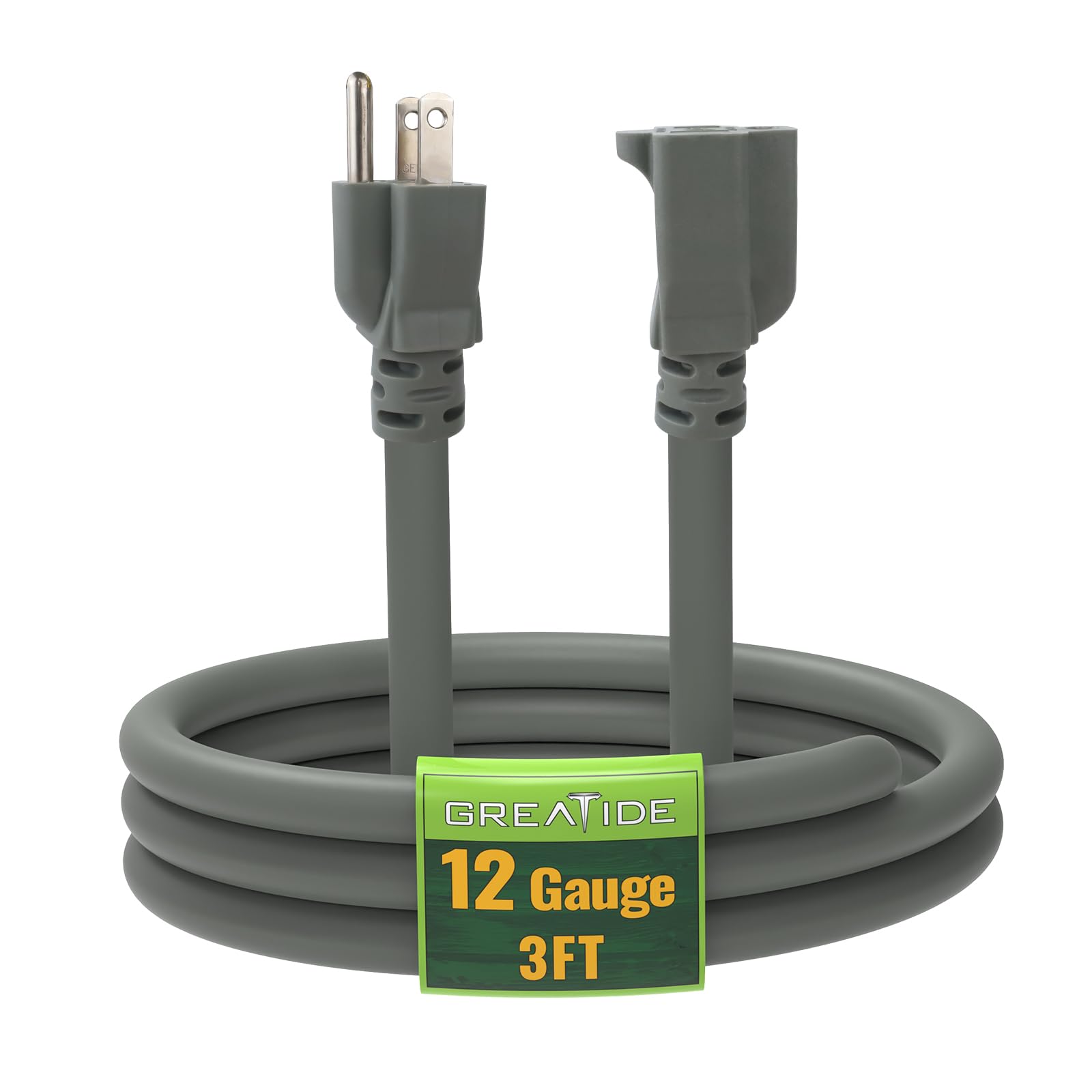 Greatide 3 Ft Extension Cord   12/3 Sjtw Heavy Duty Grey Extension Cable With 3 Prong Grounded Plug   Power Cord For Lawn, Garde