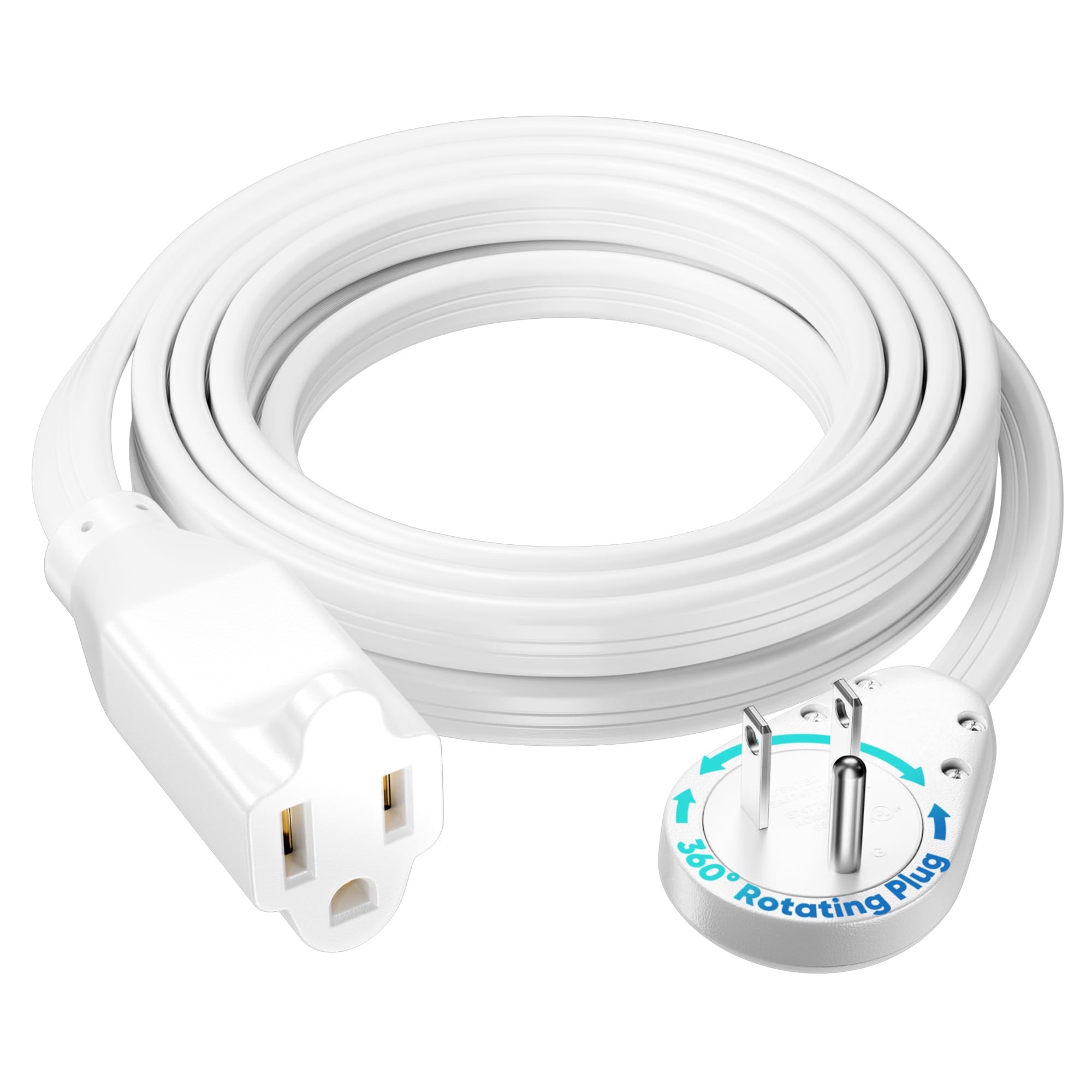 Maximm Flat Wire Extension Cord 10 Ft, 360 Rotating Plug, White, UL
