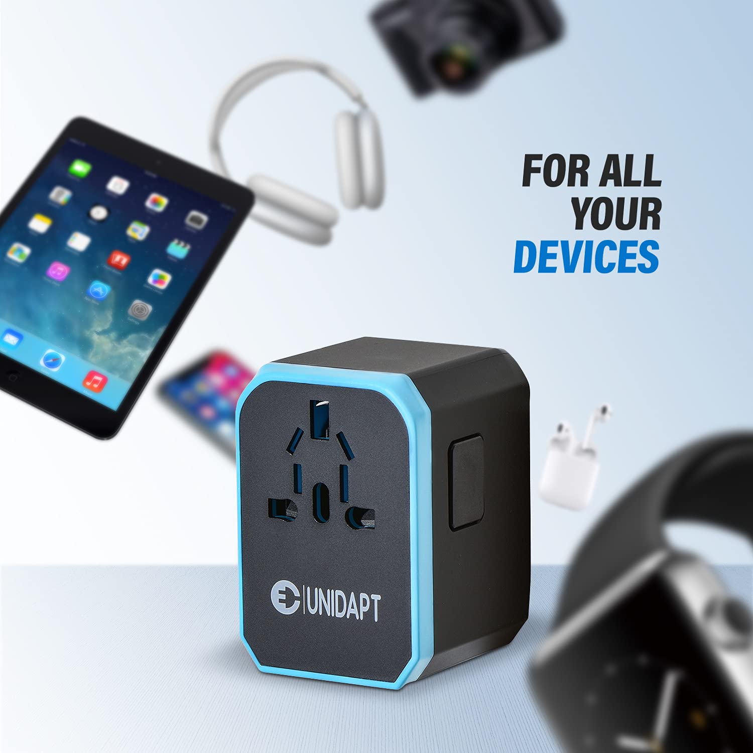Unidapt Universal Travel Adapter - 5.6A Smart Power, 3.0A USB Type-C, Model Jy-305 Plus, Blue, Compatible with USA, EU, UK, AUS