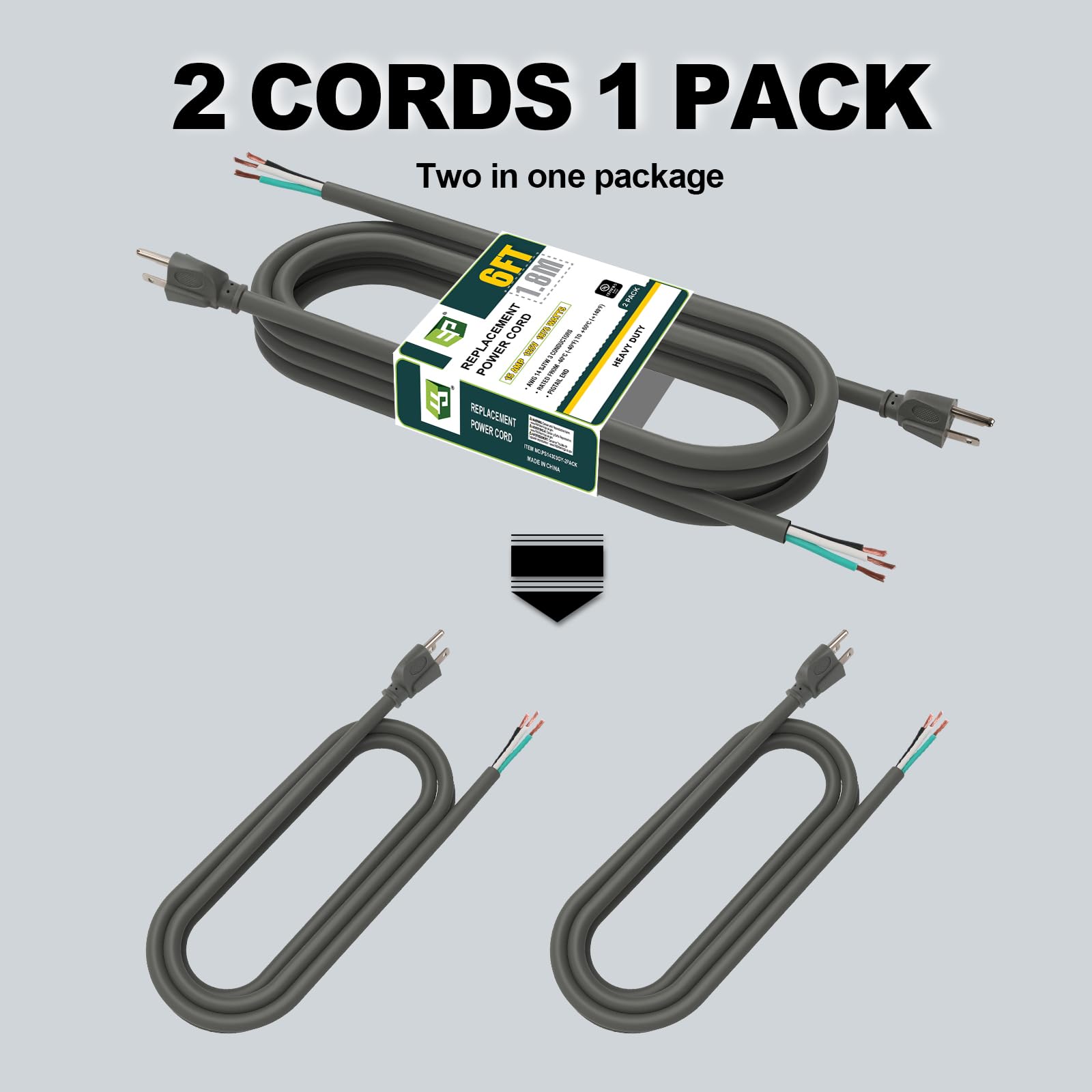 Ep 2 Pack 6 Ft 14/3C Sjtw Appliance And Power Tool Cord, 14 Gauge 3 Prong Heavy Duty Replacement Power Supply Cord Cable, 110V 1