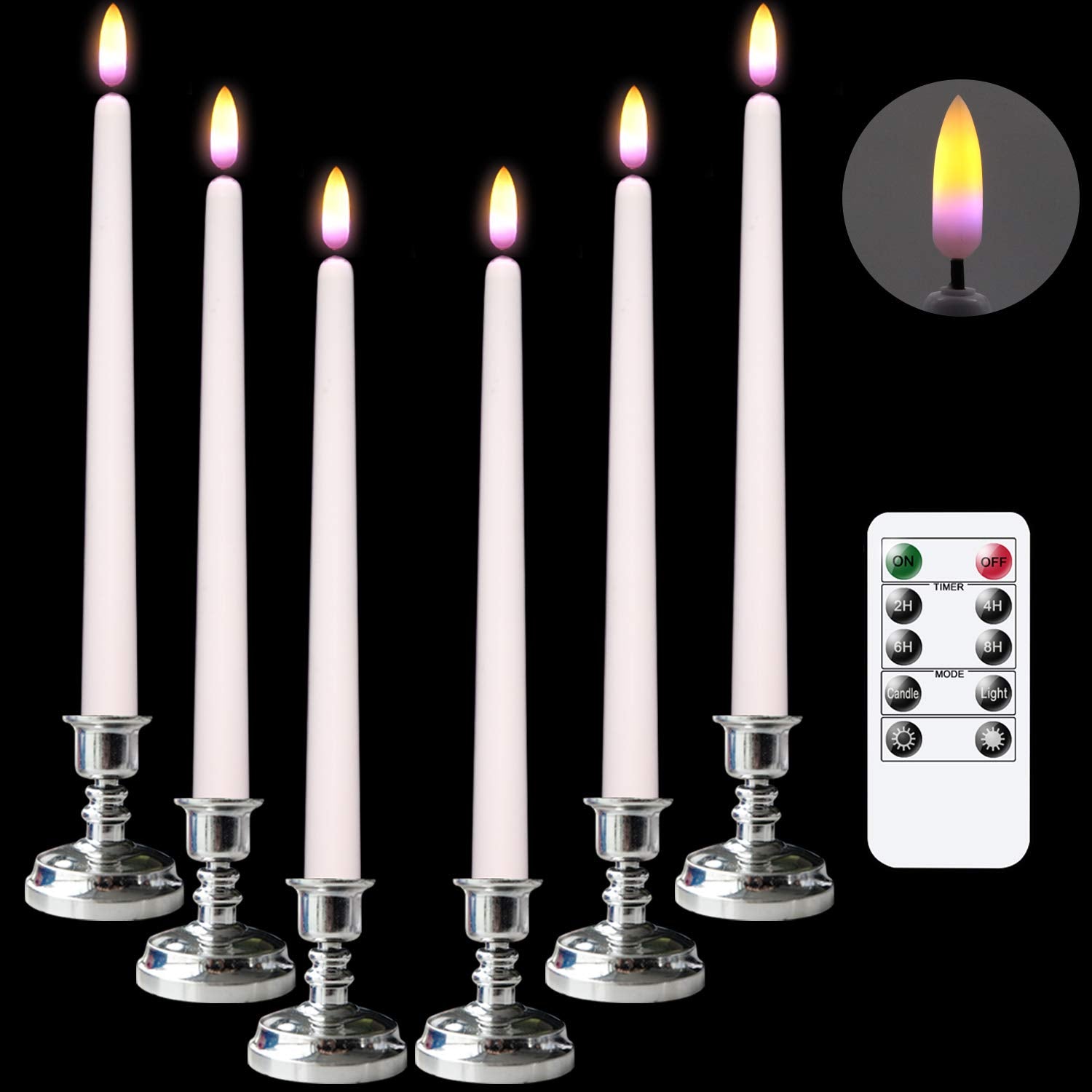 Dromance Led Flameless Flickering Window Candles With 10-Key Remote And Timer, Battery Operated White 11 Realistic 3D Wick Purpl