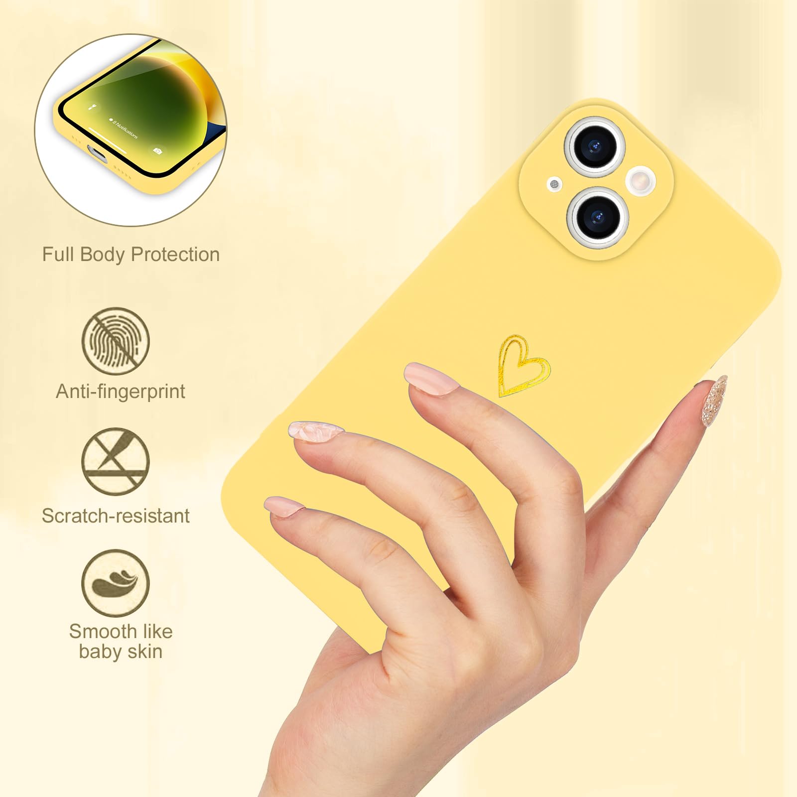 Wirvyuer For Iphone 14 Case Cute Heart Pattern Soft Shockproof Slim Protective Silicone Phone Case Cover For Women Girls, Yellow